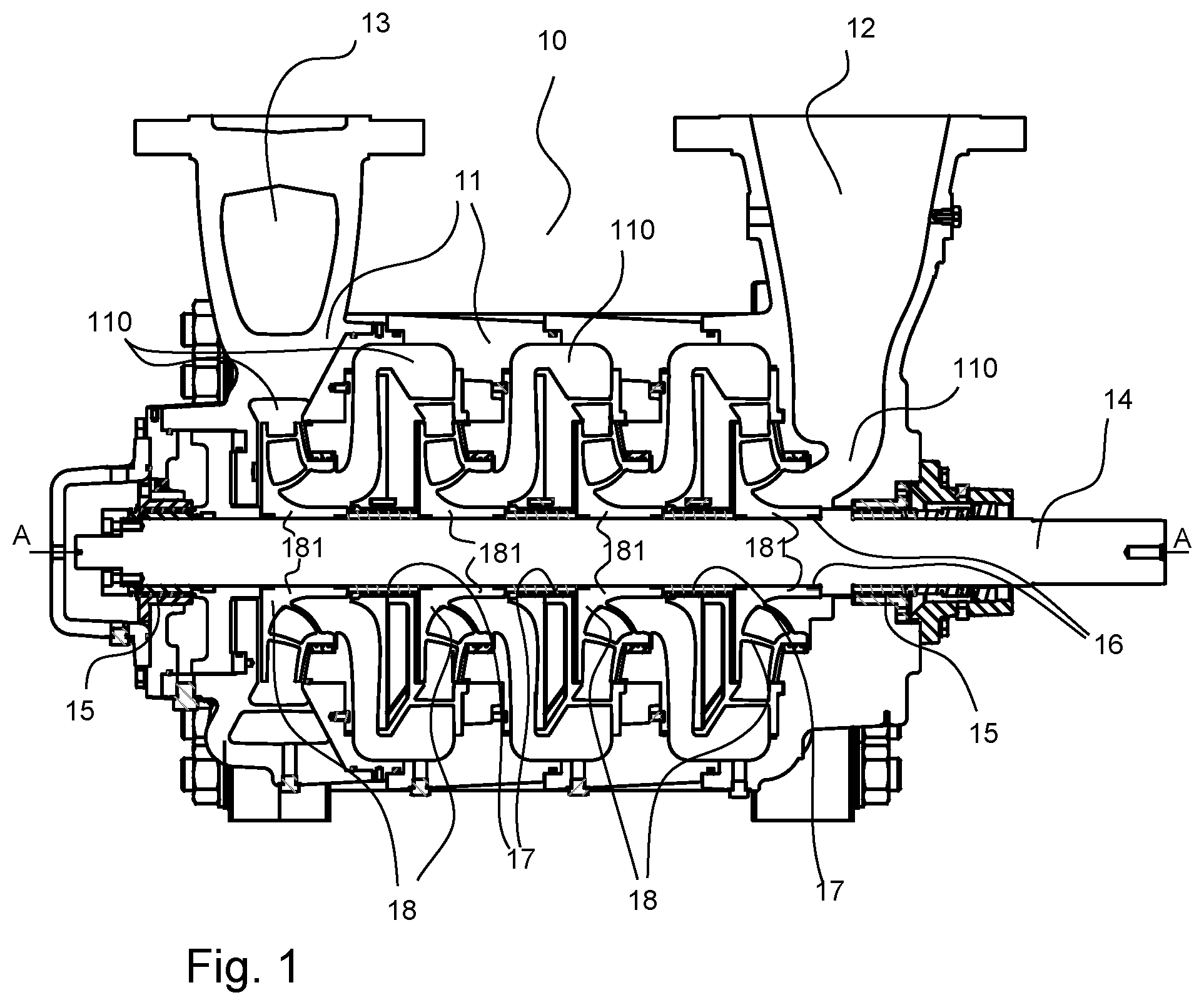 Patent US12480494 Figure 1 – Multistage centrifugal pump for pumping fluid, an impeller/ shaft assembly and a method for assembling an impeller/ shaft assembly