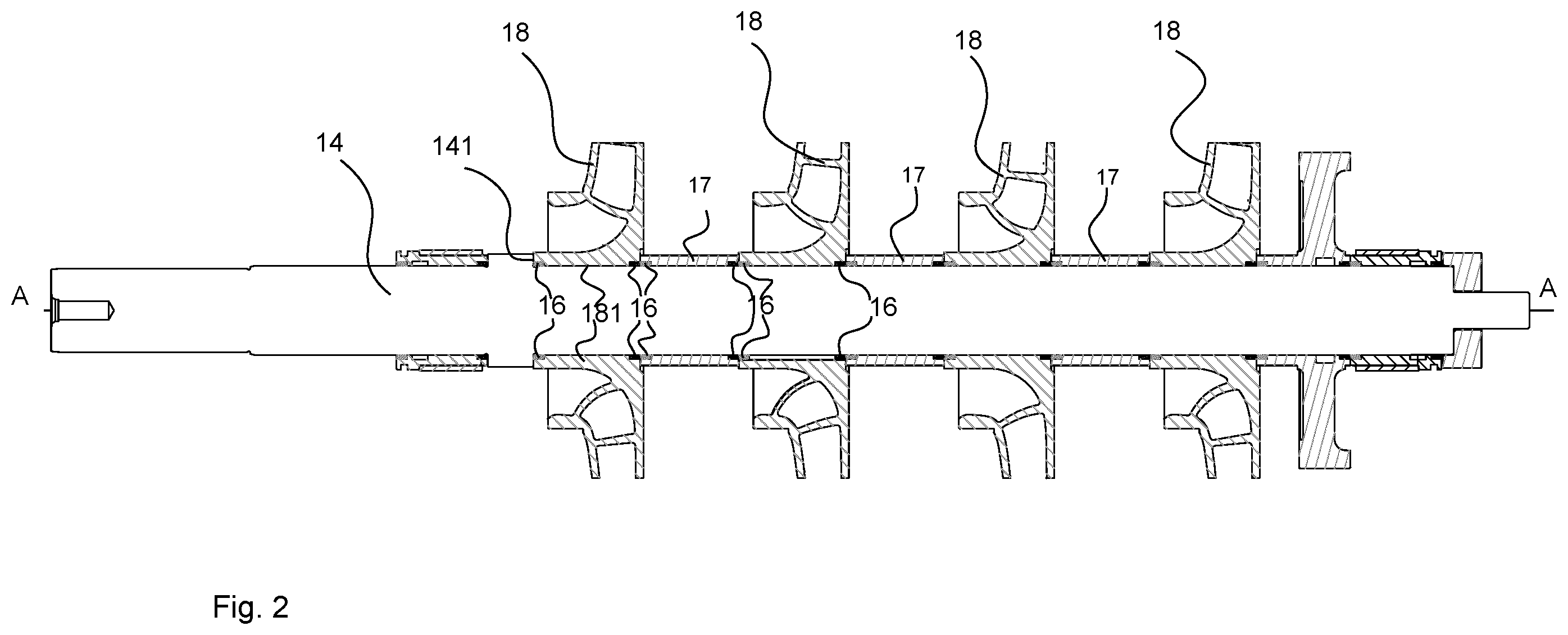 Patent US12480494 Figure 2 – Multistage centrifugal pump for pumping fluid, an impeller/ shaft assembly and a method for assembling an impeller/ shaft assembly