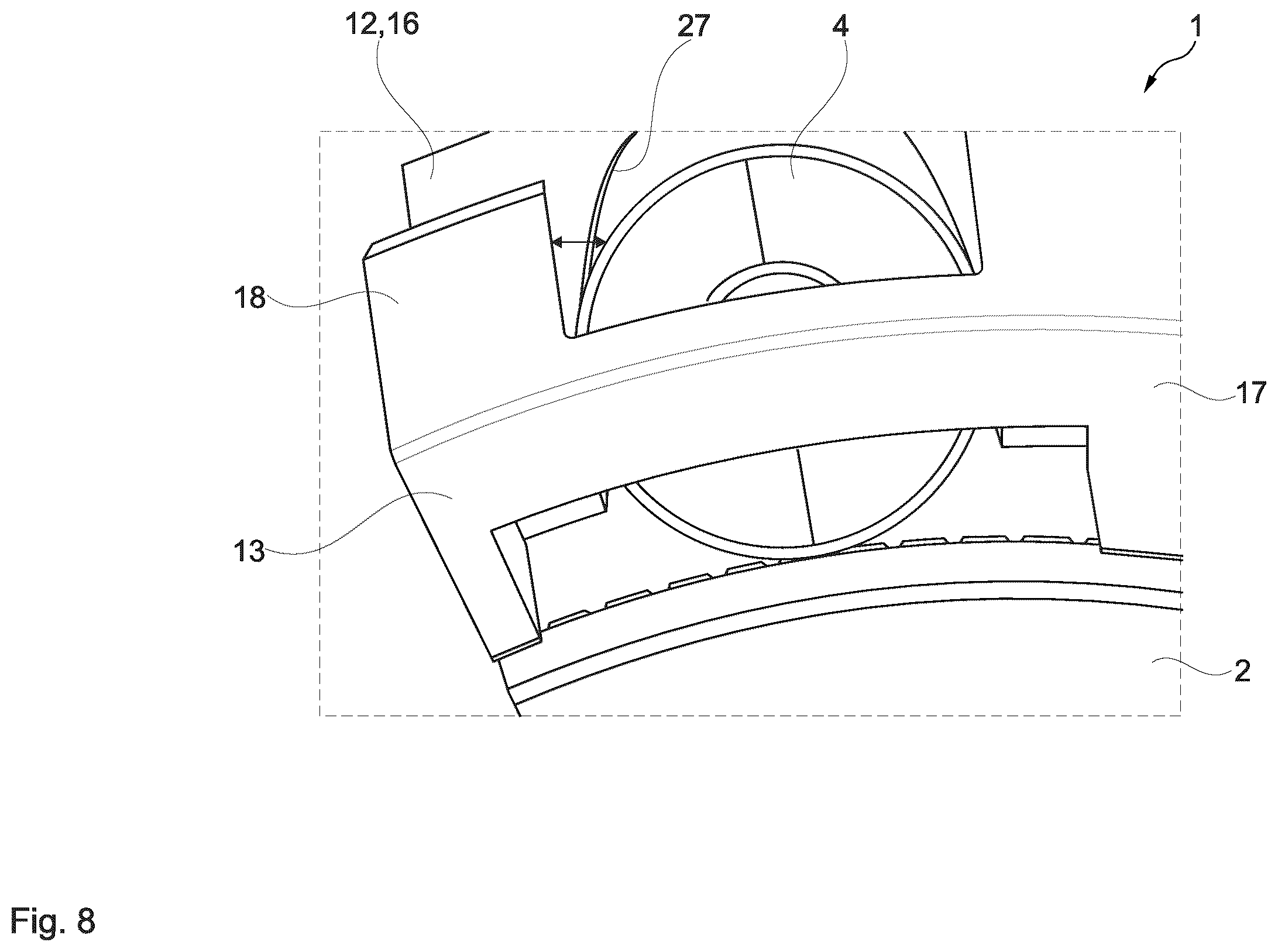 Patent US12480542 Figure 8 – Snap-action cage for a tapered roller bearing, and tapered roller bearing with the snap-action cage