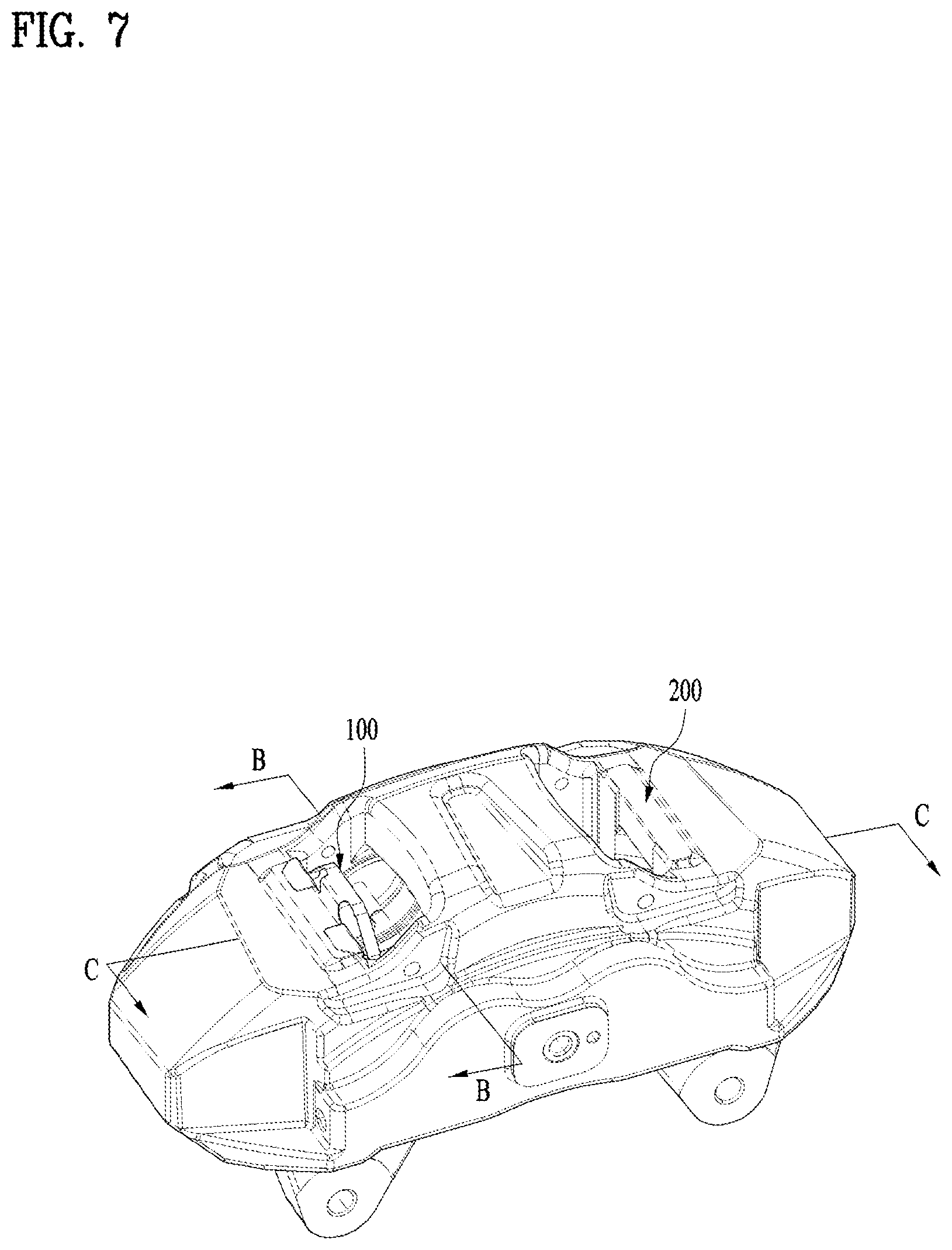 Patent US12480551 Figure 7 – Pad liner for brake caliper, brake caliper equipped with pad liner, and method for assembling the same