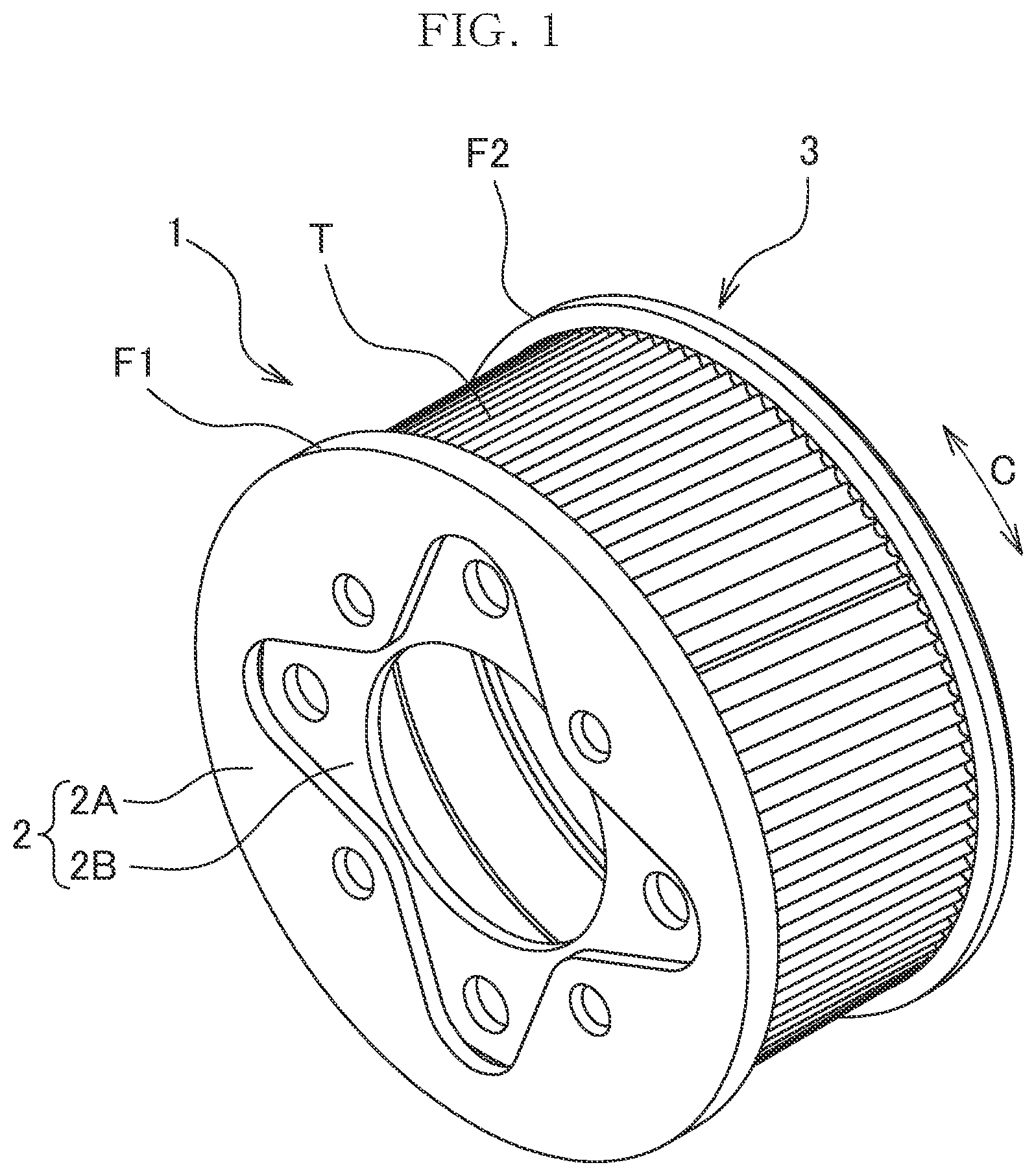 Patent US12480569 Figure 1 – Pulley with two flanges, and method of producing pulley with two flanges