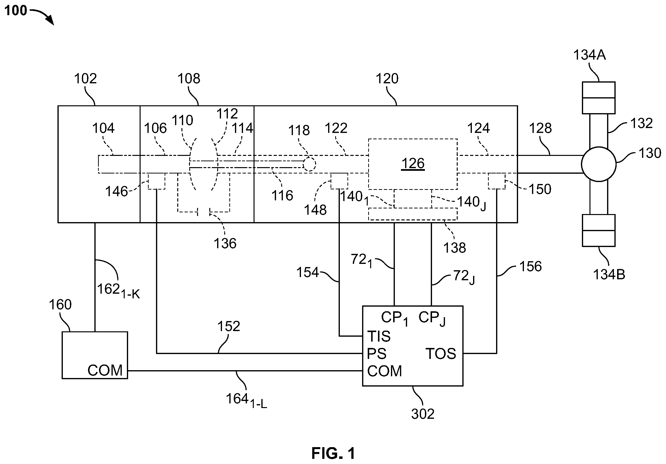 Patent US12480570 Figure 1 – Transmission systems to control heat exchangers to manage transmission sump temperature