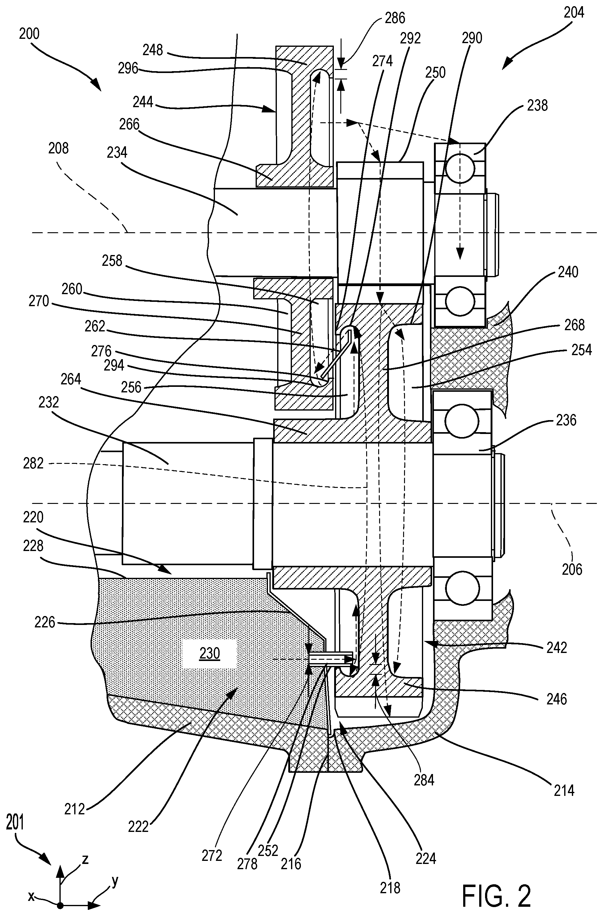 Patent US12480571 Figure 2 – Lubricant system including a baffle