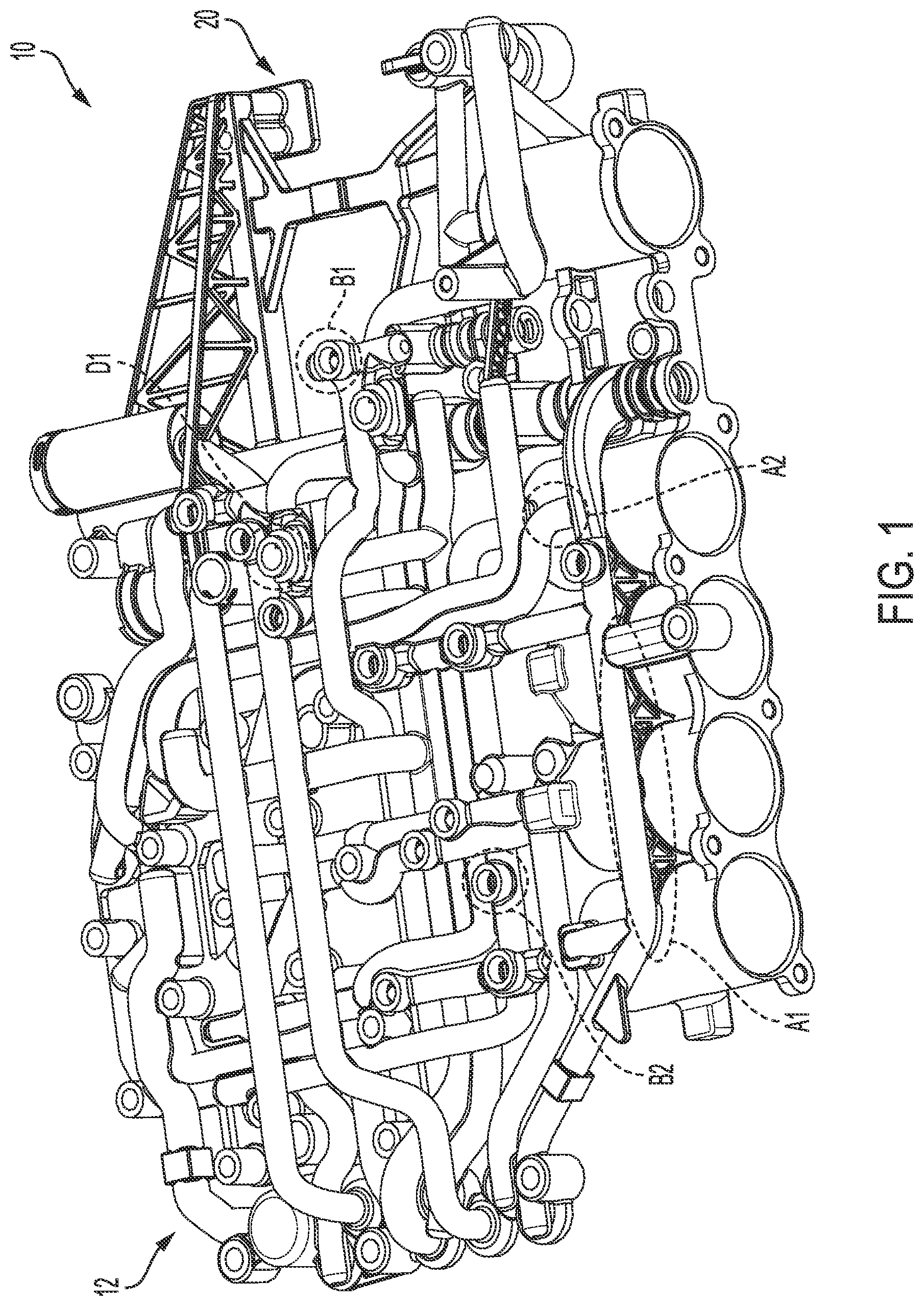 Patent US12480587 Figure 1 – Hydraulic control unit valve porting, routing, checkball, and orifice integration with additive manufacturing