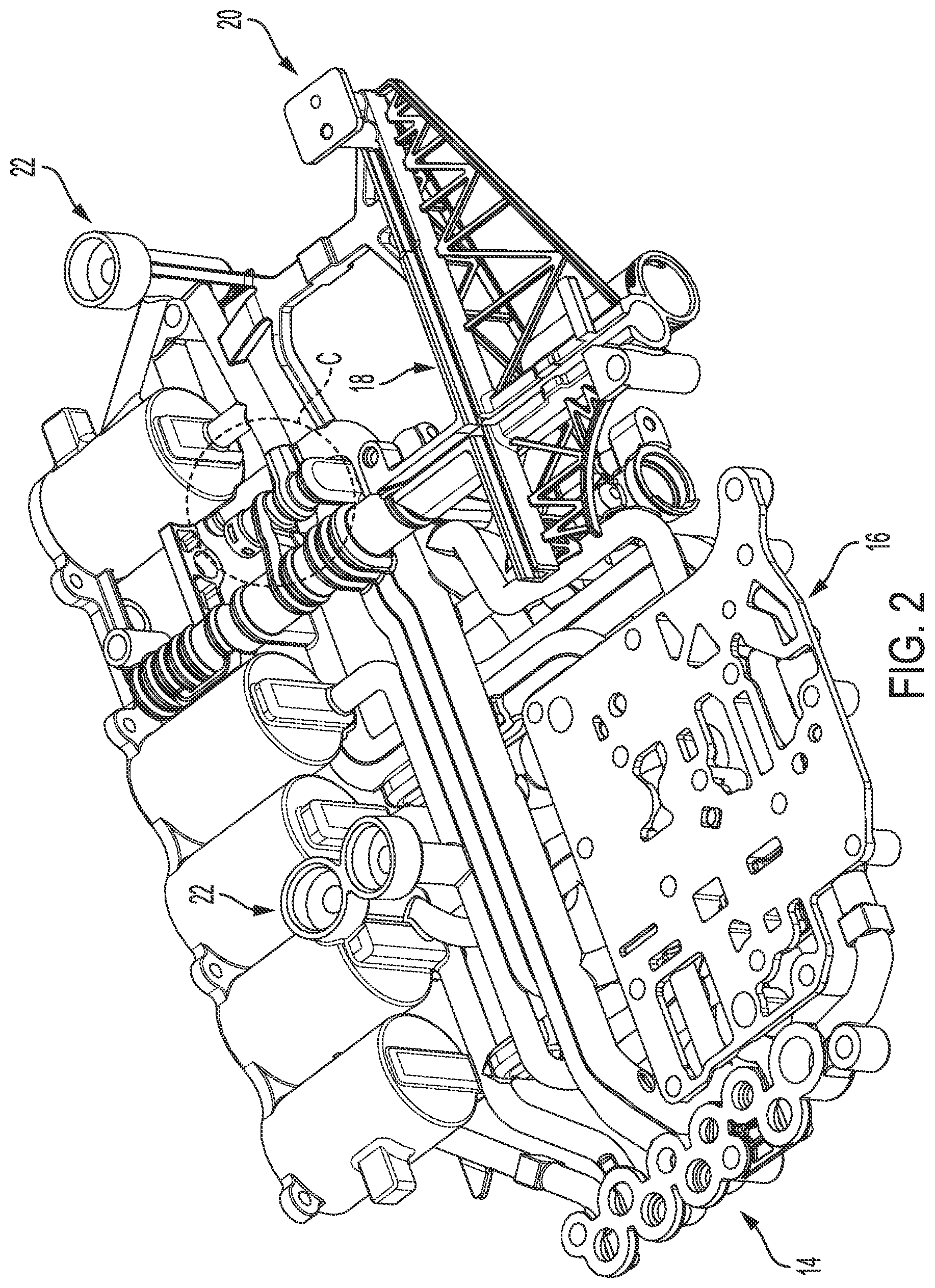 Patent US12480587 Figure 2 – Hydraulic control unit valve porting, routing, checkball, and orifice integration with additive manufacturing