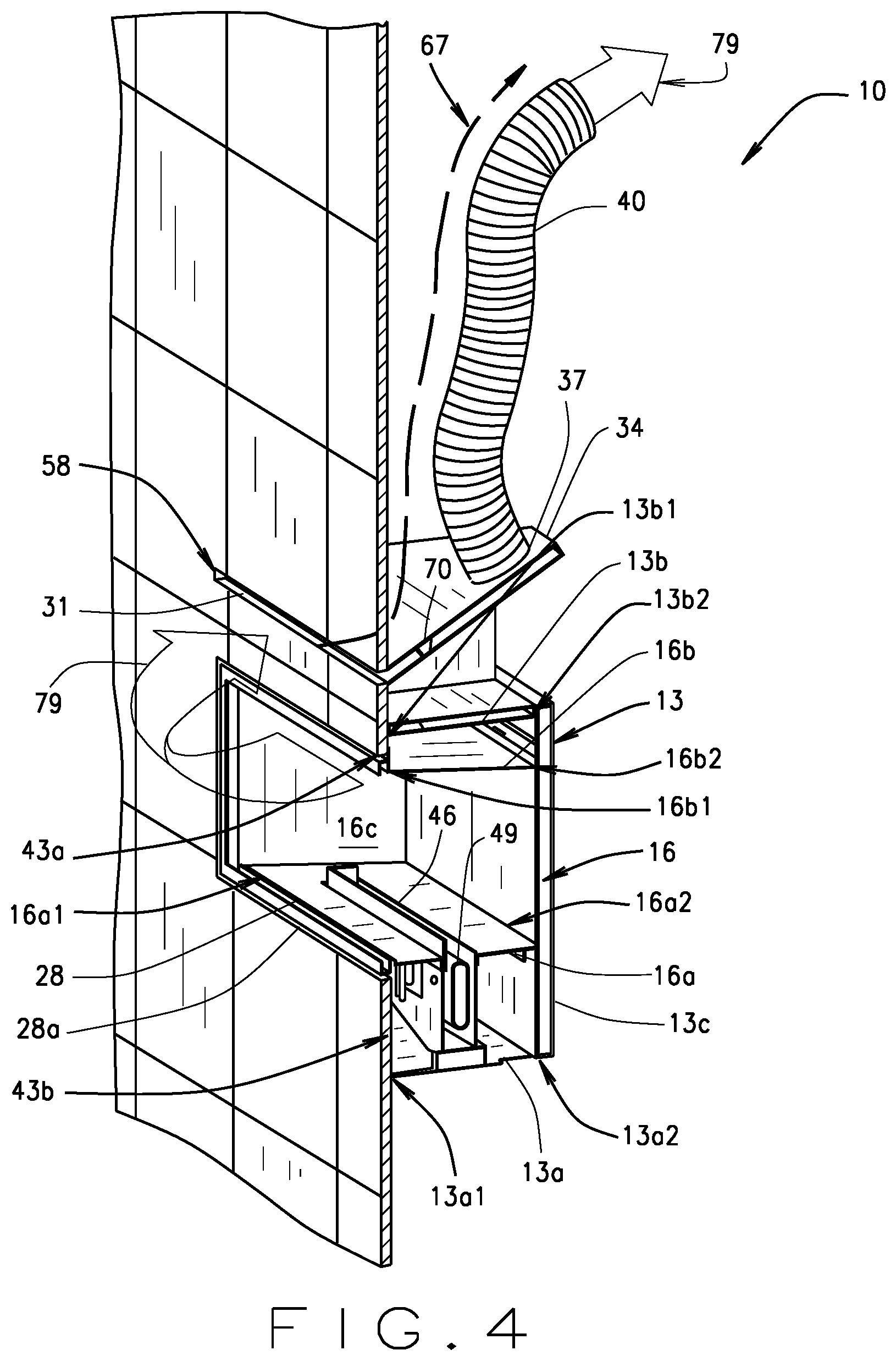 Patent US12480659 Figure 4 – Vent-free fireplace heat removal system and accessories adapted for removal of excess heat from a room wherein the vent-free fireplace is located
