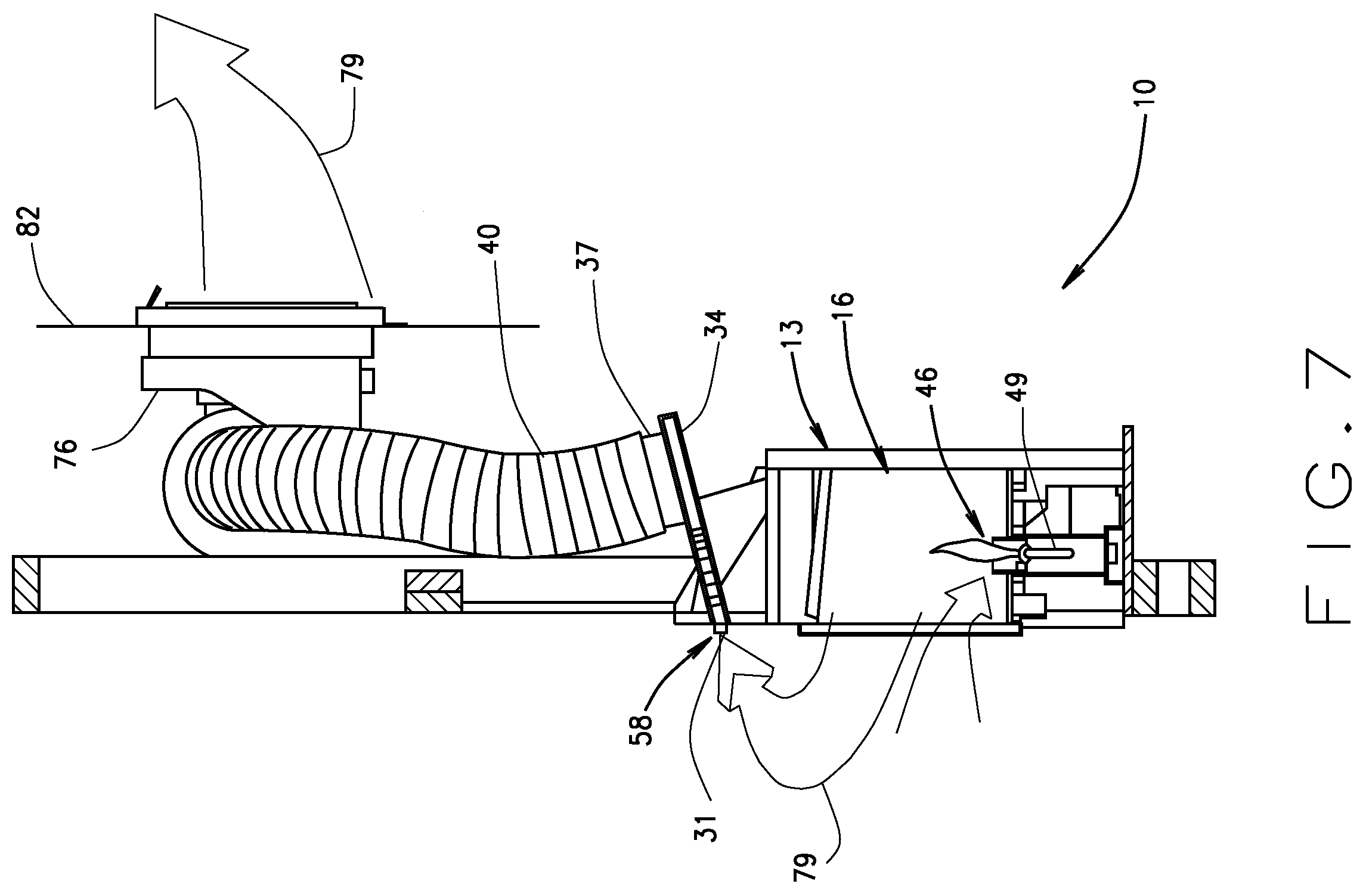 Patent US12480659 Figure 7 – Vent-free fireplace heat removal system and accessories adapted for removal of excess heat from a room wherein the vent-free fireplace is located