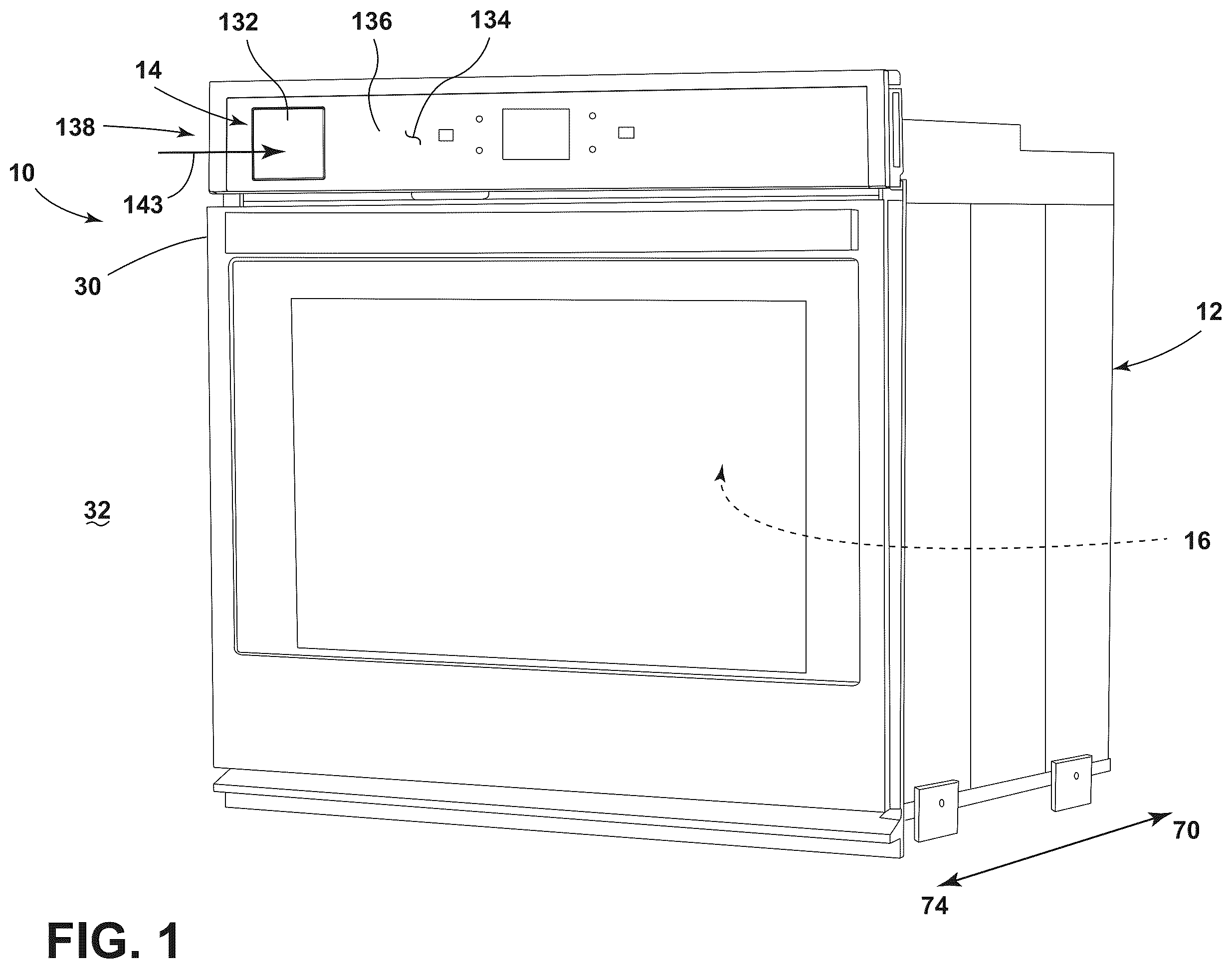 Patent US12480663 Figure 1 – Securement and release assembly for a component of an appliance, appliance including the same and oven including the same for a refillable water reservoir for use with steam cooking