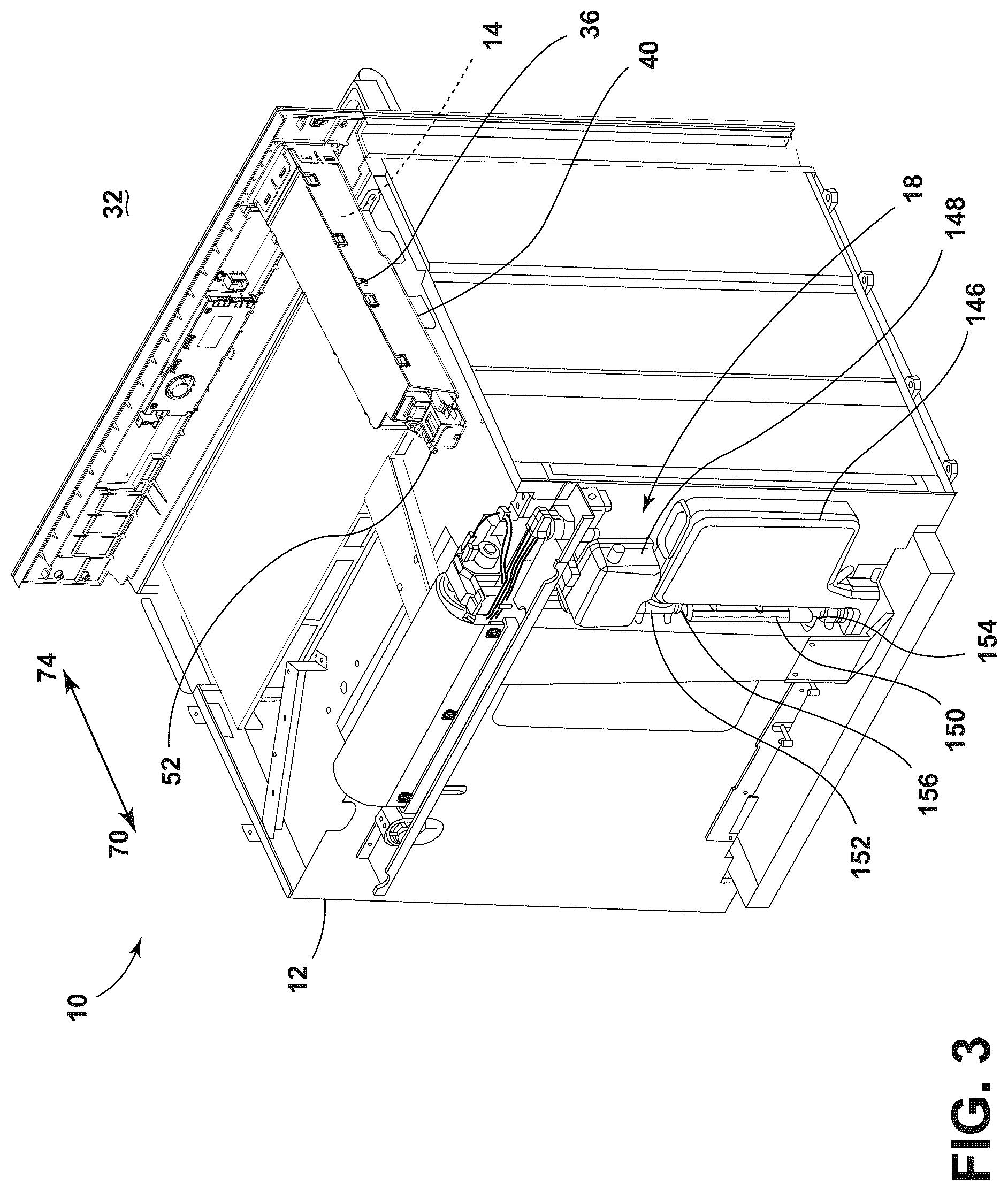 Patent US12480663 Figure 3 – Securement and release assembly for a component of an appliance, appliance including the same and oven including the same for a refillable water reservoir for use with steam cooking