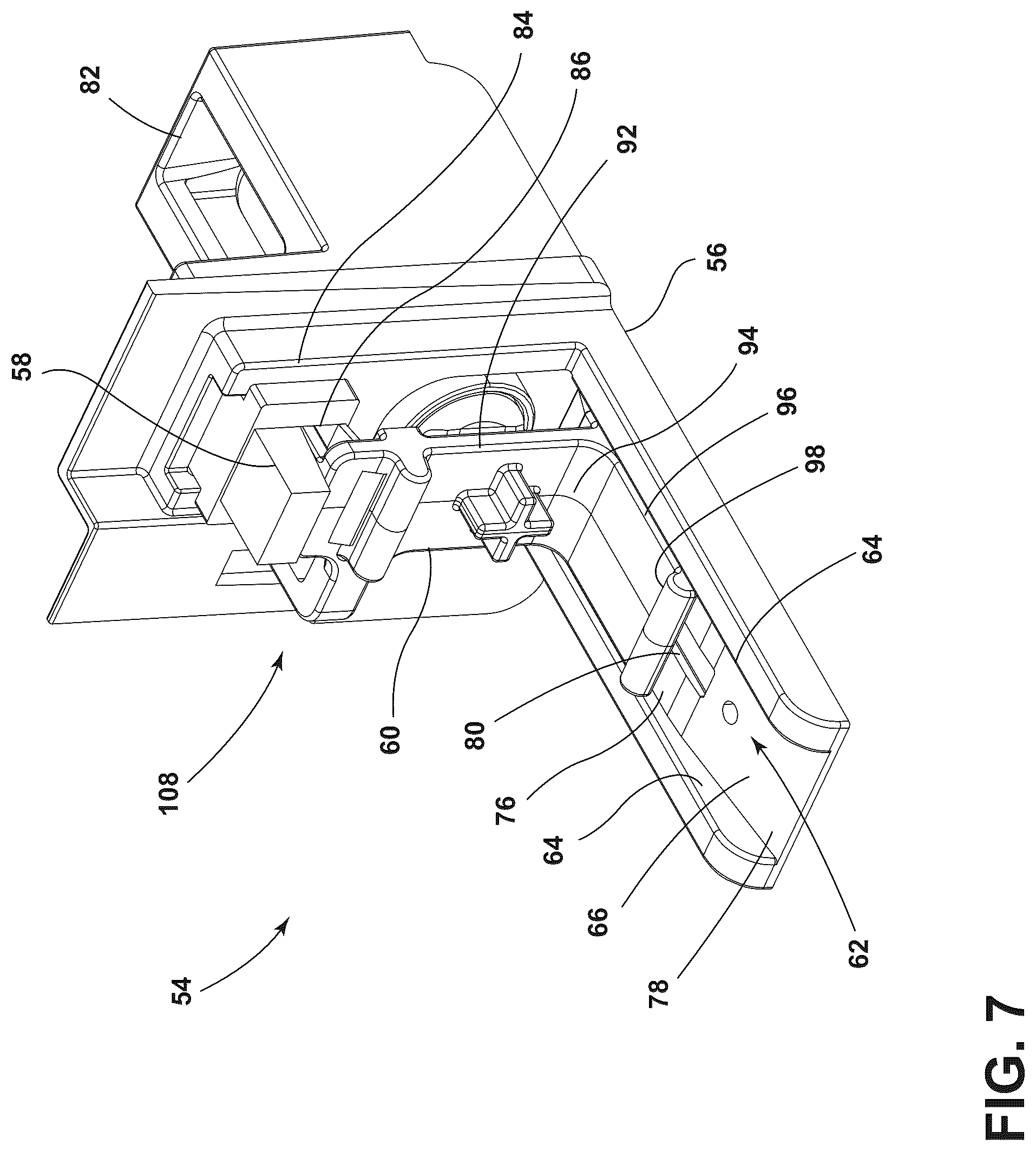 Patent US12480663 Figure 7 – Securement and release assembly for a component of an appliance, appliance including the same and oven including the same for a refillable water reservoir for use with steam cooking
