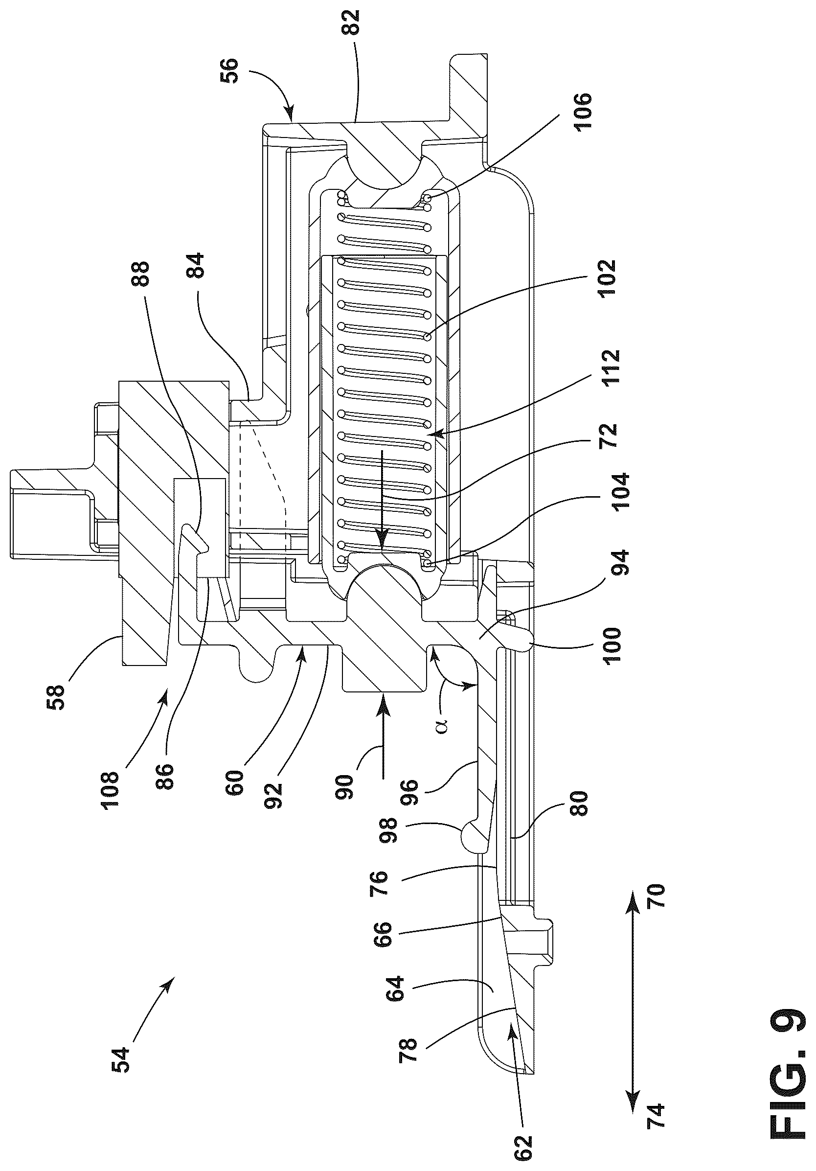 Patent US12480663 Figure 9 – Securement and release assembly for a component of an appliance, appliance including the same and oven including the same for a refillable water reservoir for use with steam cooking