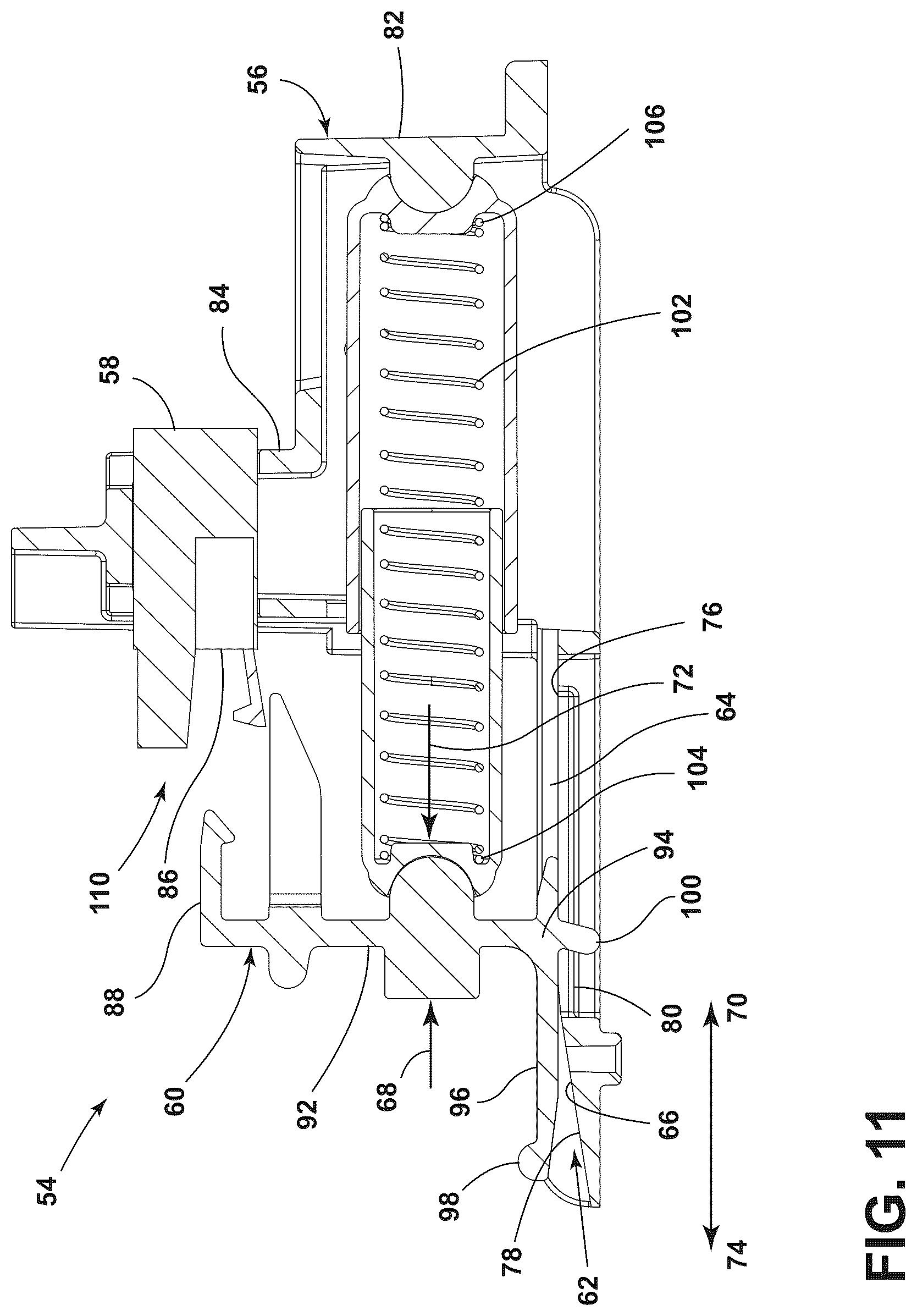 Patent US12480663 Figure 11 – Securement and release assembly for a component of an appliance, appliance including the same and oven including the same for a refillable water reservoir for use with steam cooking