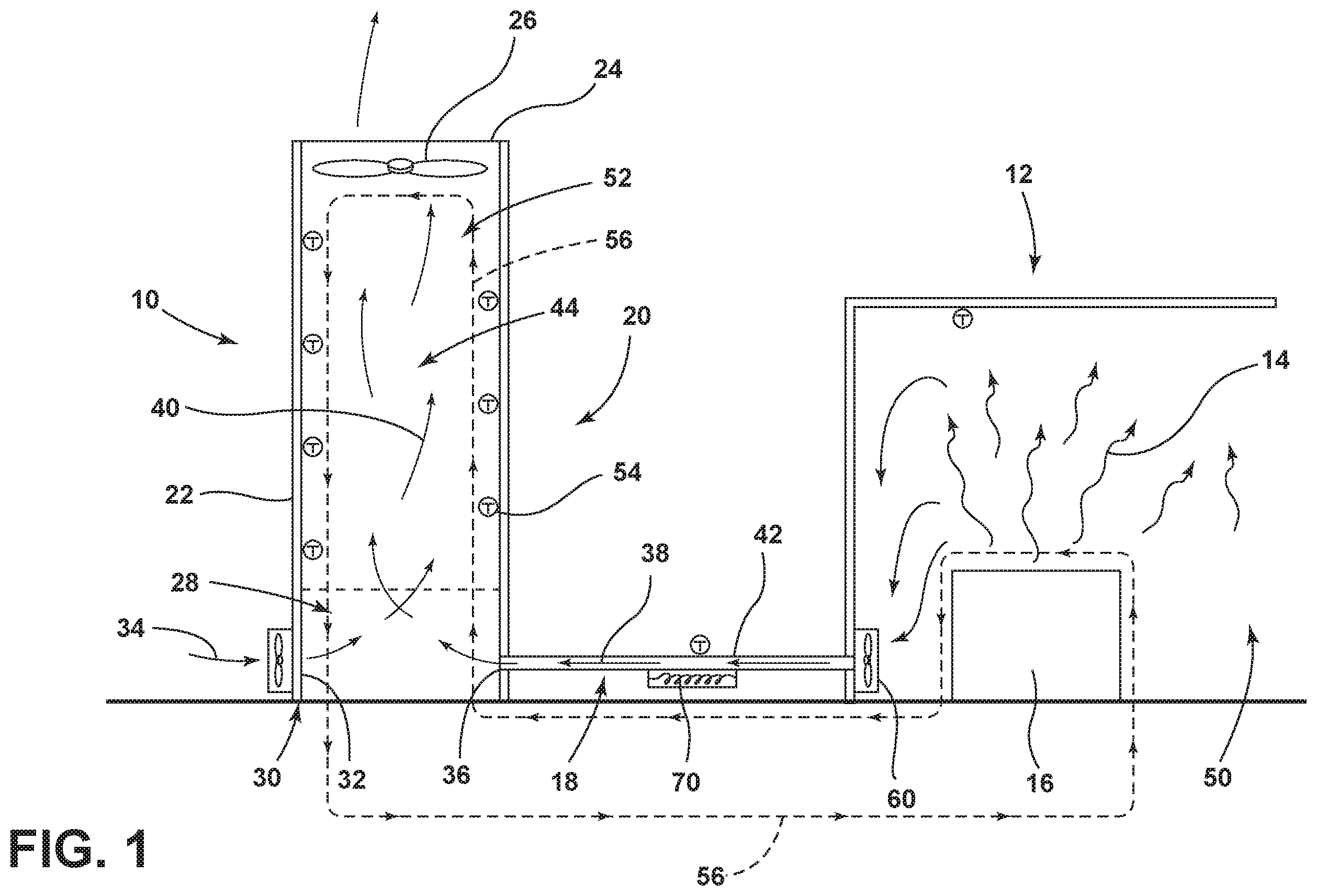 Patent US12480666 Figure 1 – Heat reclamation system within a cooling tower for a manufacturing facility