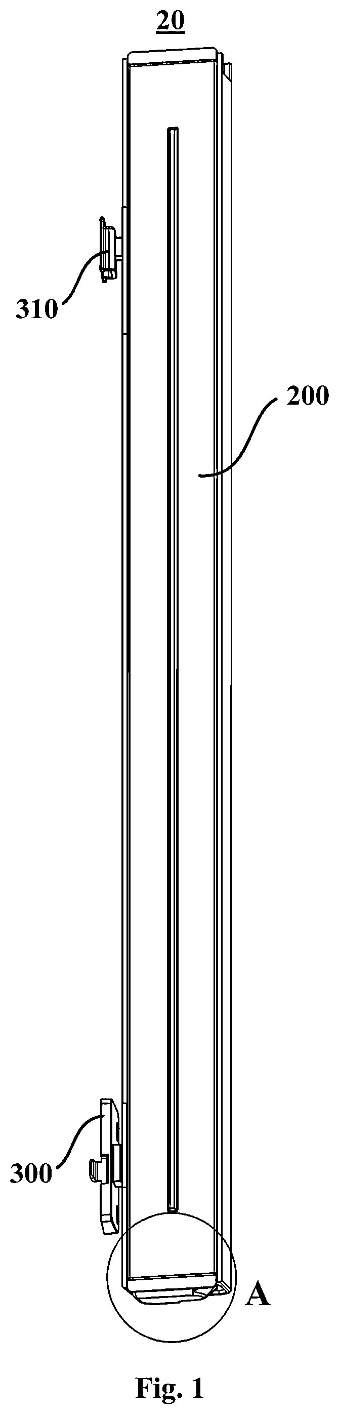 Patent US12480707 Figure 1 – Vertical beam assembly for refrigerator door and refrigerator