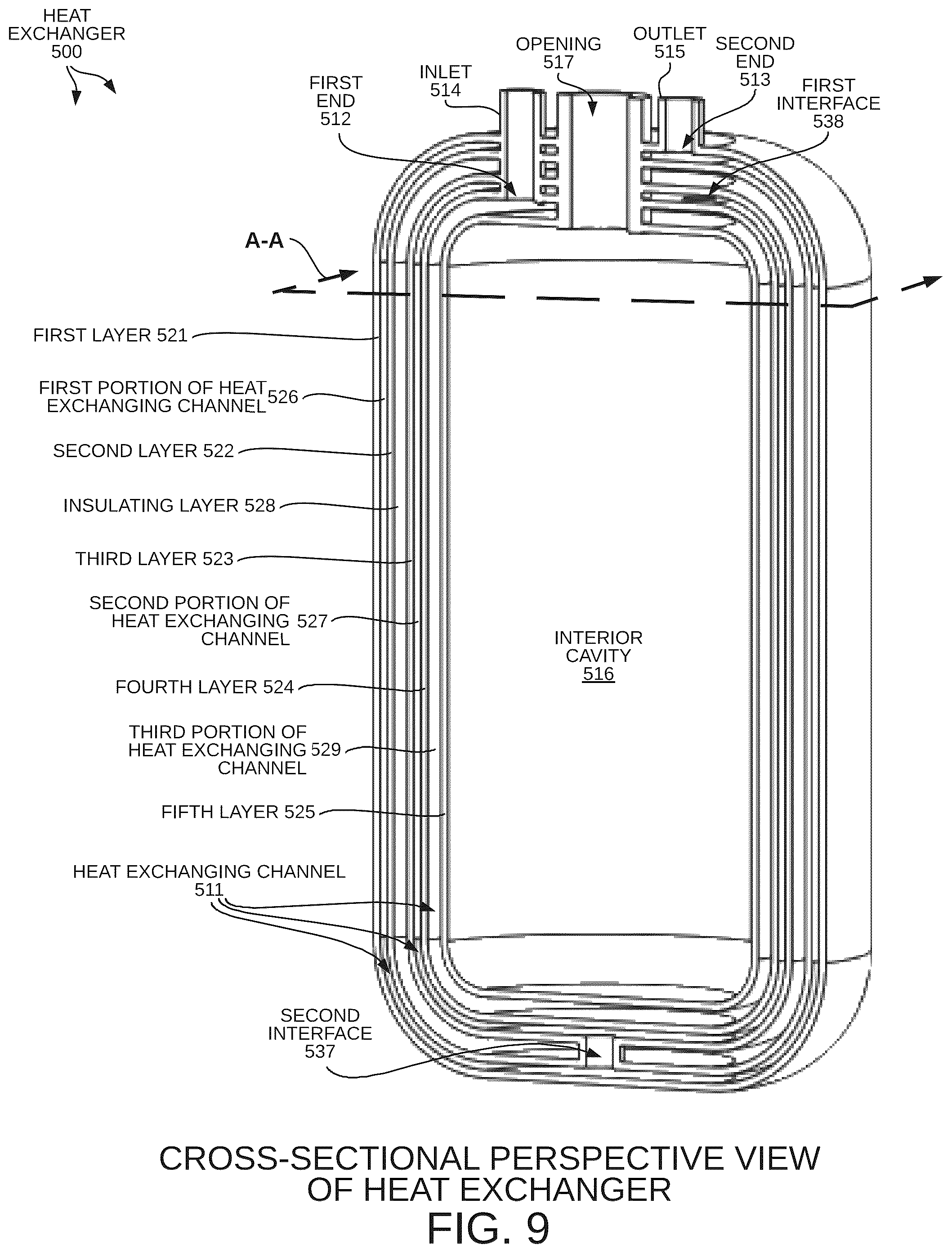Patent US12480714 Figure 9 – Heat exchanging channel forming an internal cavity that stores cryogenic material