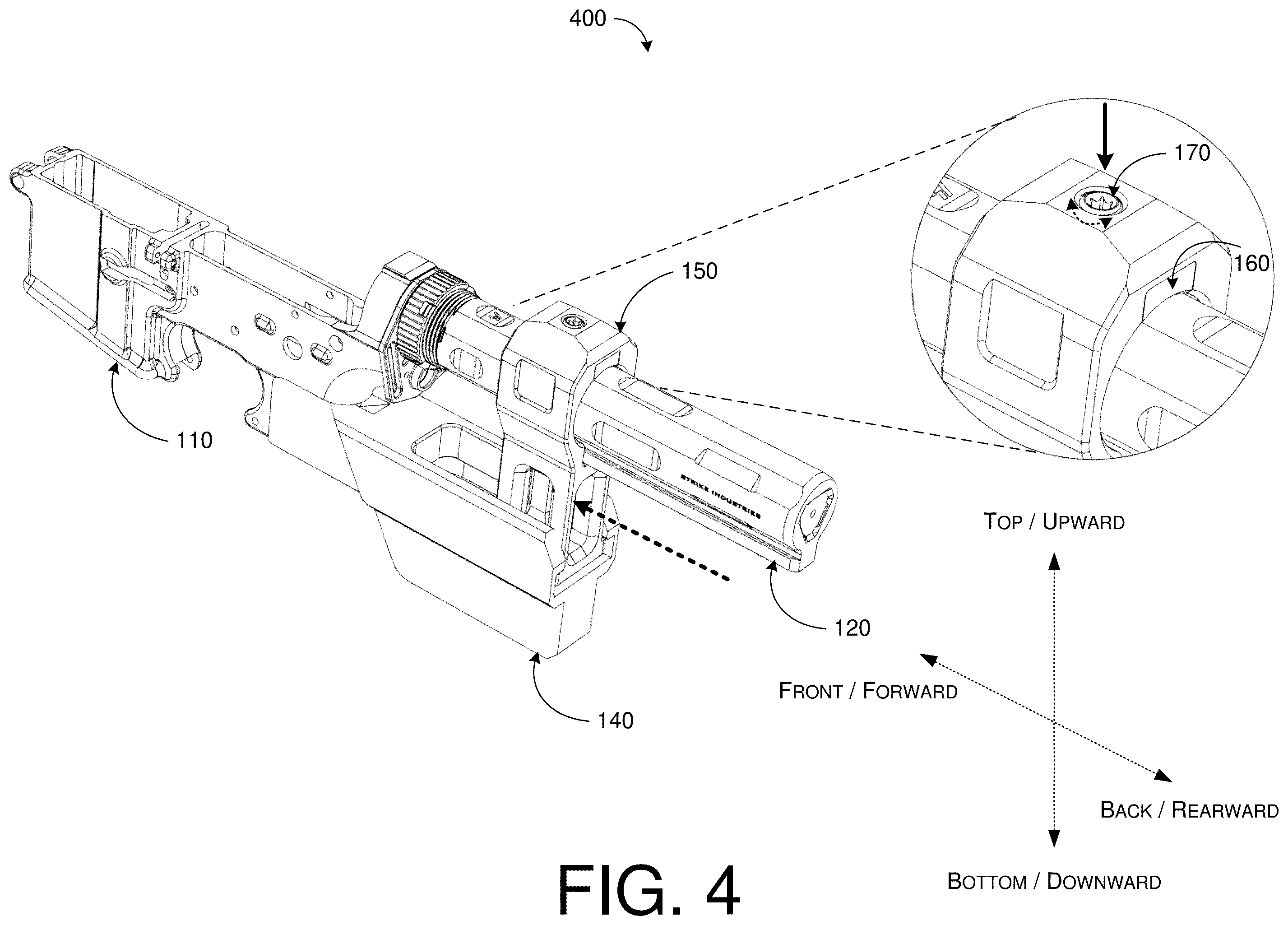 Patent US12480733 Figure 4 – Firearm lower receiver extension vise fixture