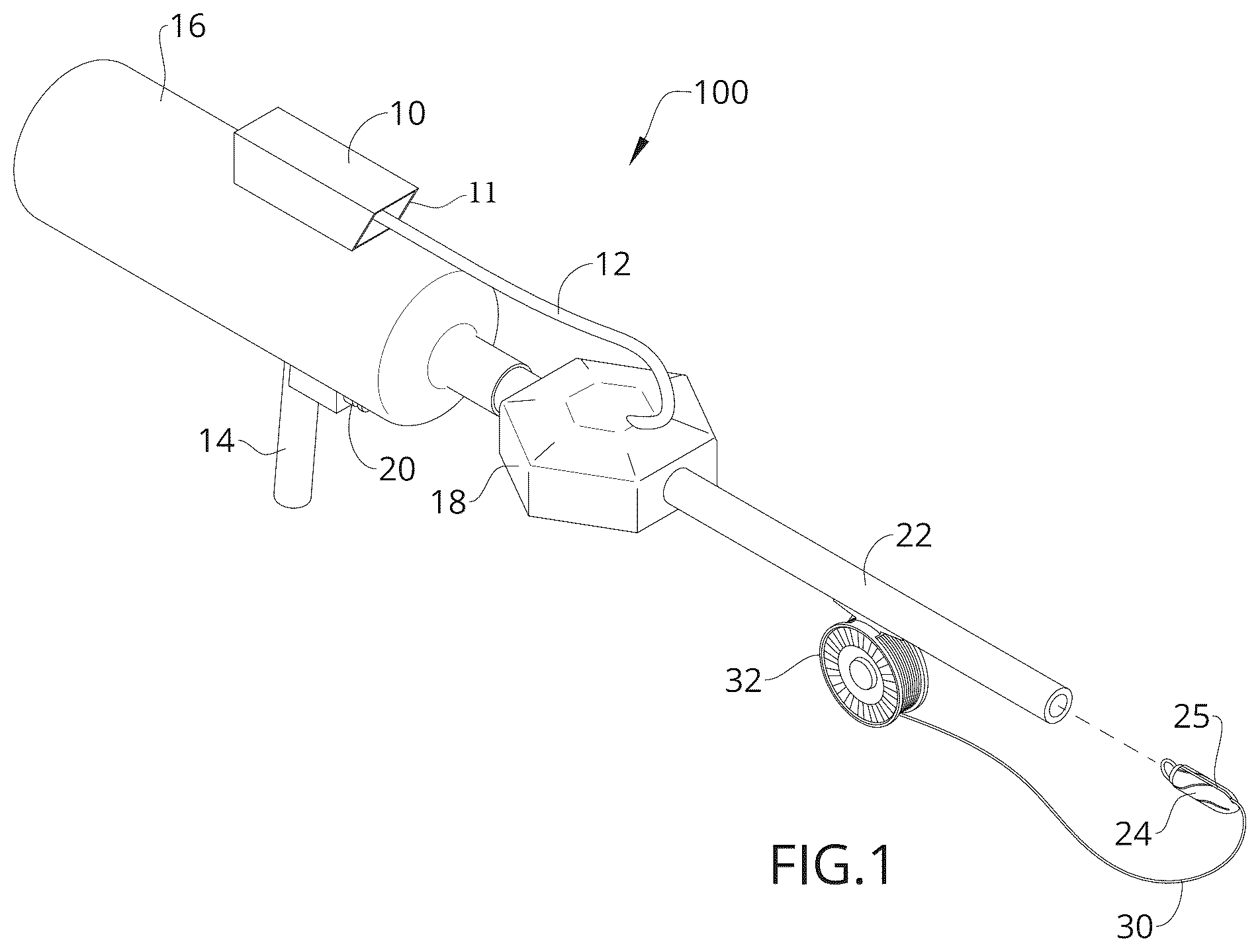Patent US12480737 Figure 1 – Portable pneumatic throwline launcher