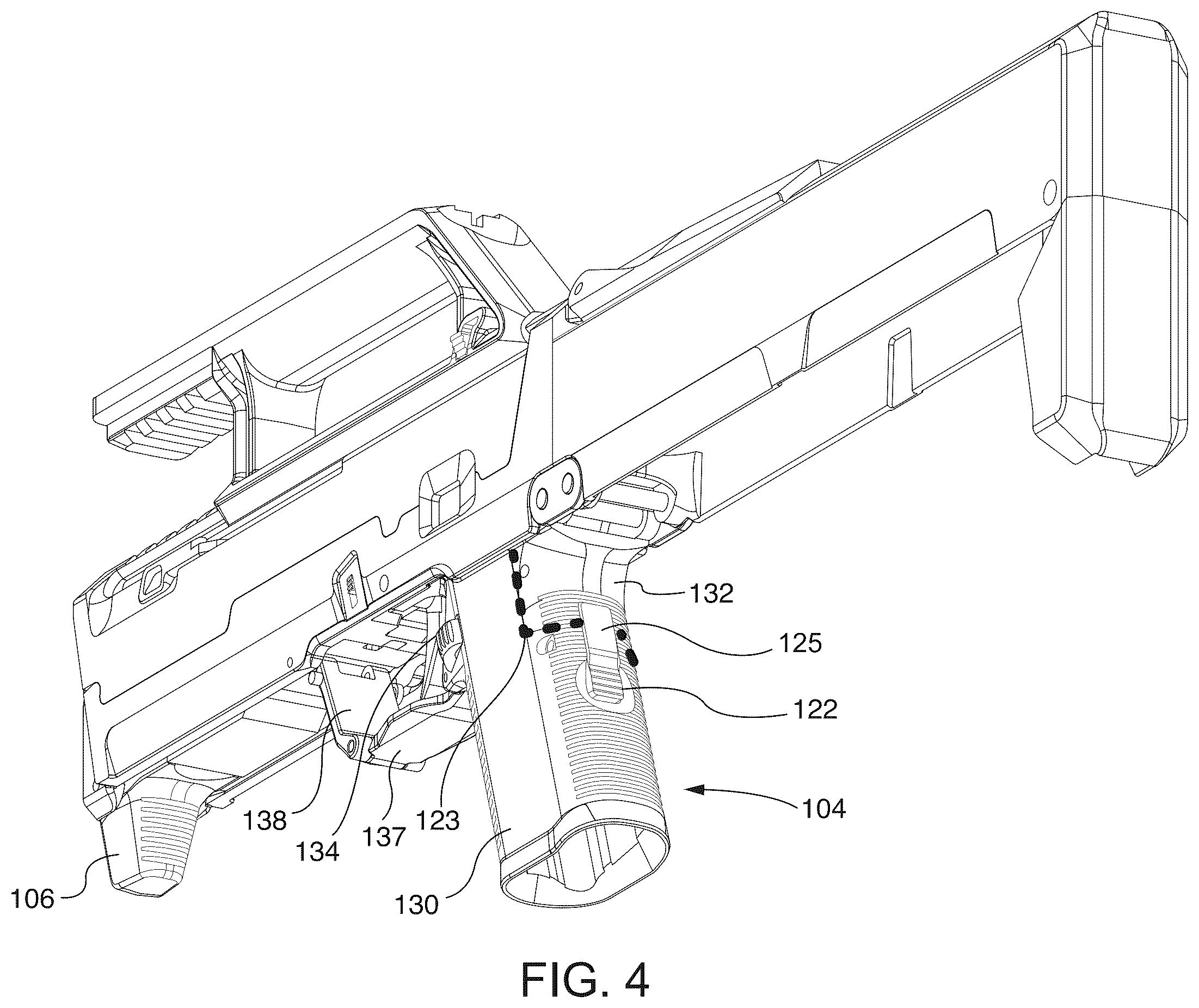 Patent US12480740 Figure 4 – Two-part folding trigger for a folding firearm