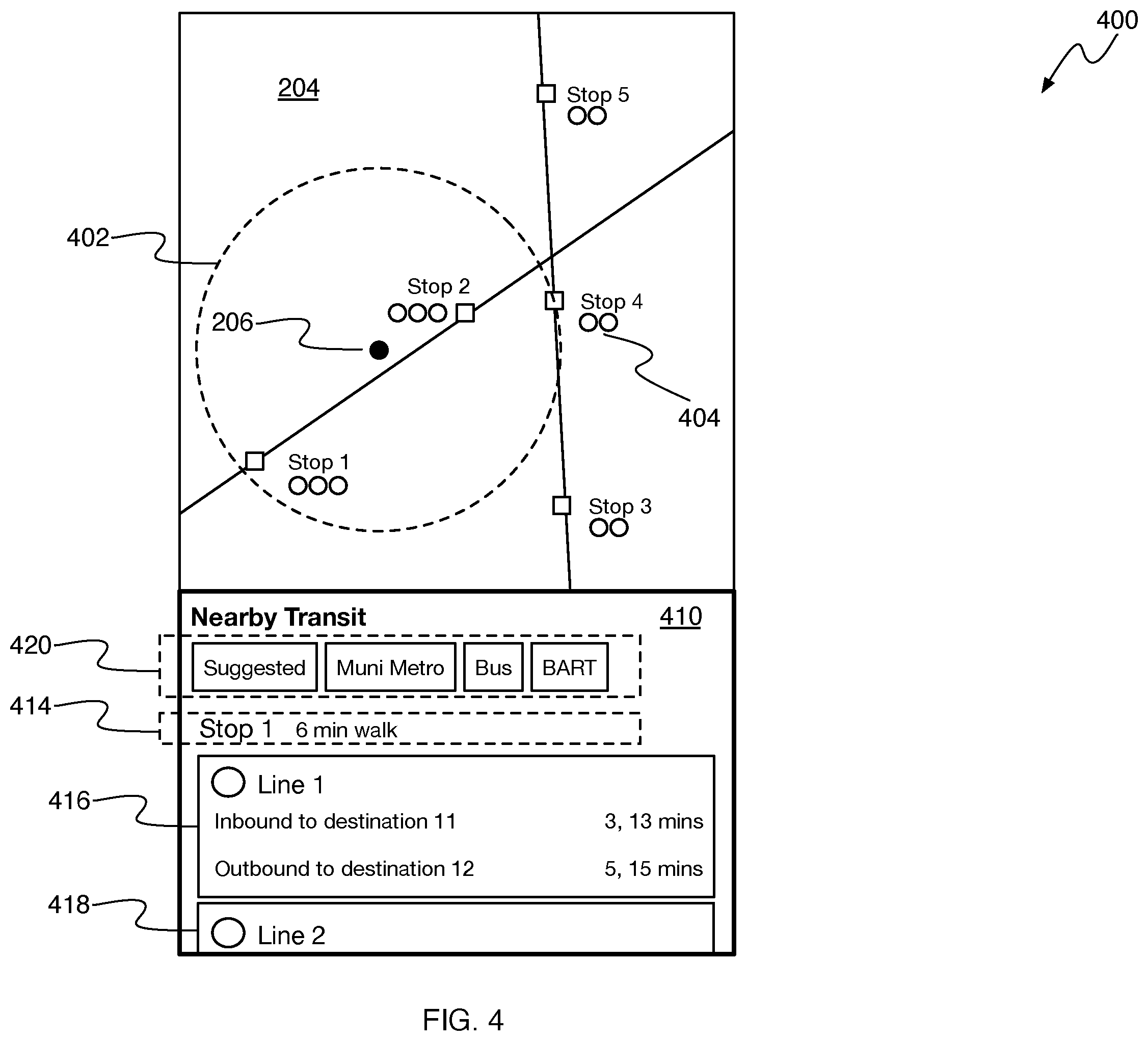Patent US12480778 Figure 4 – Presenting transit alight notifications