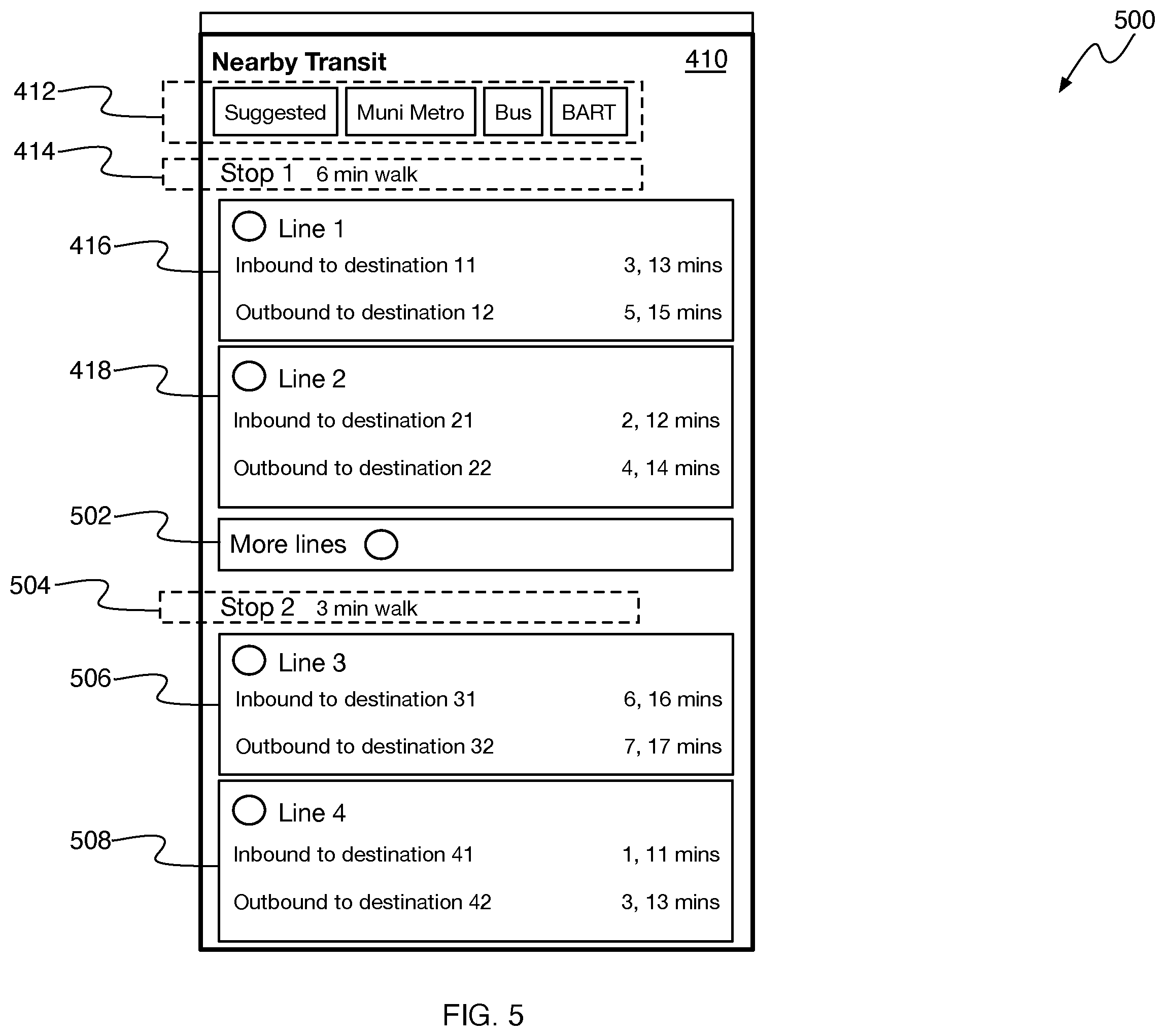Patent US12480778 Figure 5 – Presenting transit alight notifications