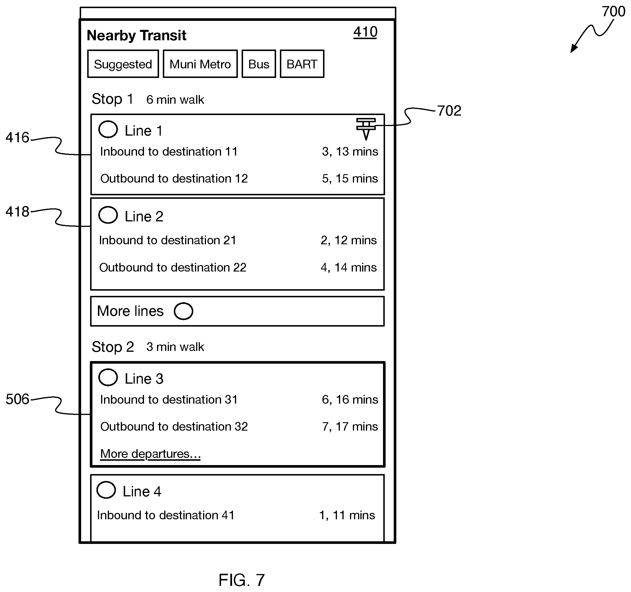 Patent US12480778 Figure 7 – Presenting transit alight notifications