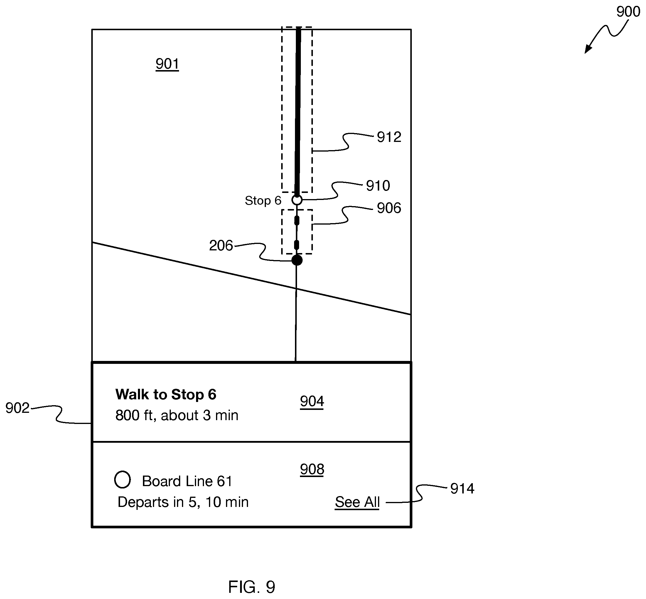 Patent US12480778 Figure 9 – Presenting transit alight notifications