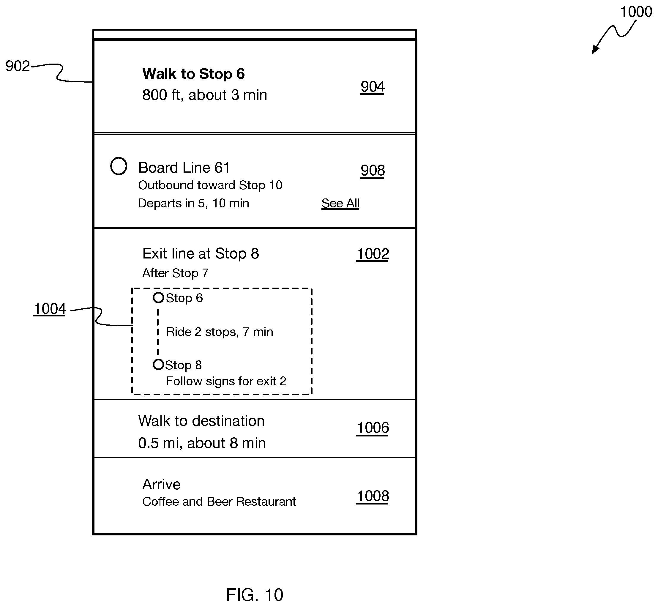 Patent US12480778 Figure 10 – Presenting transit alight notifications