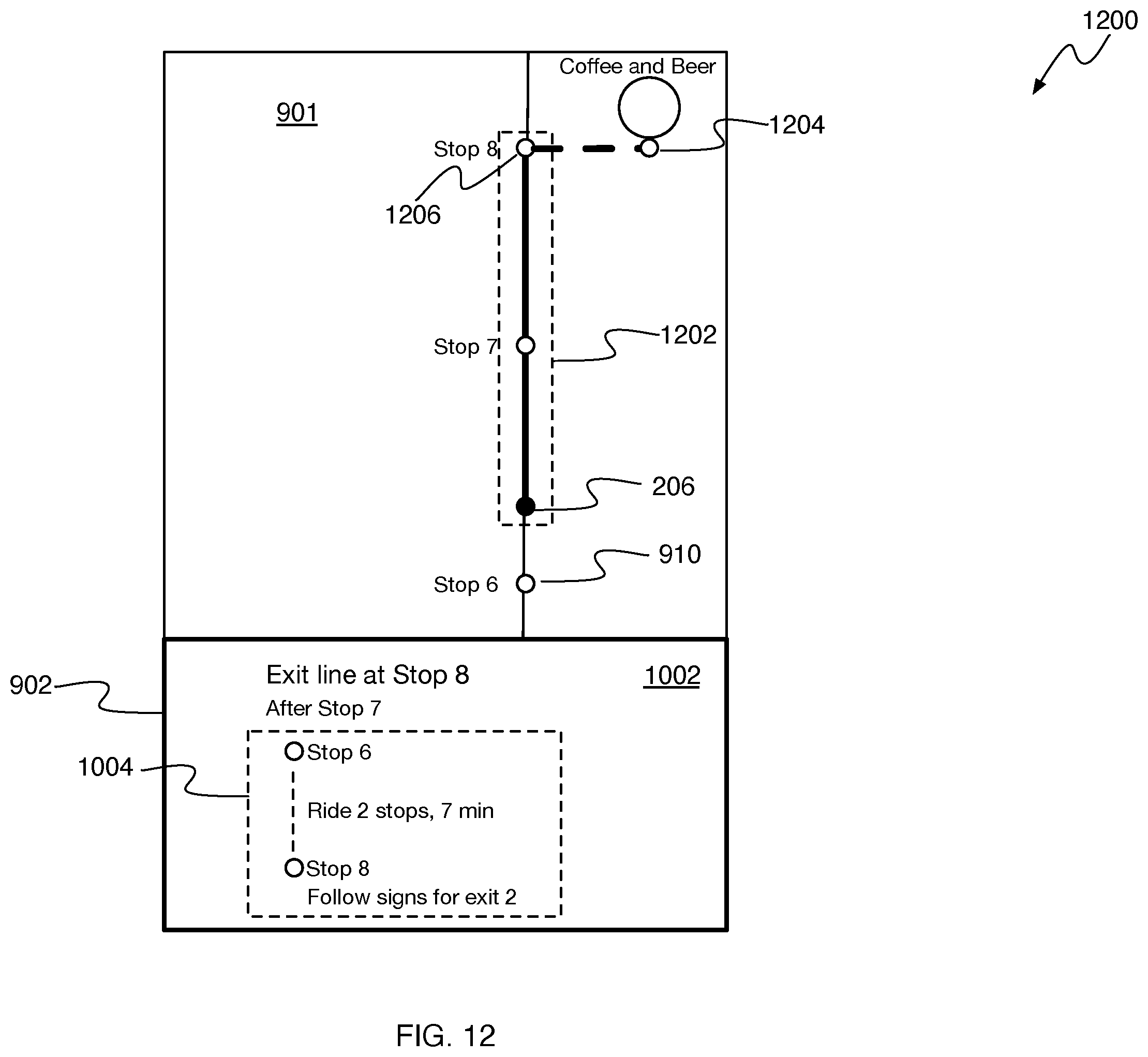 Patent US12480778 Figure 12 – Presenting transit alight notifications