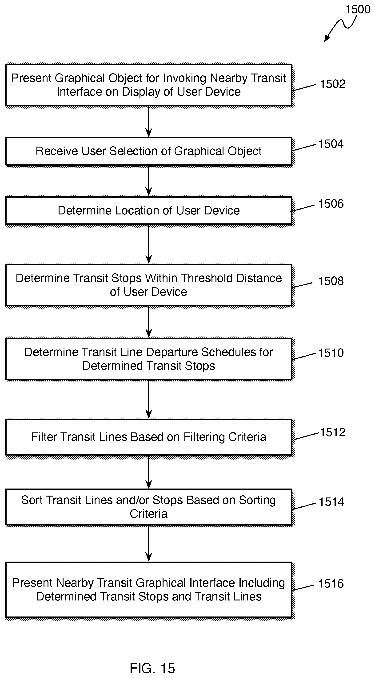 Patent US12480778 Figure 15 – Presenting transit alight notifications