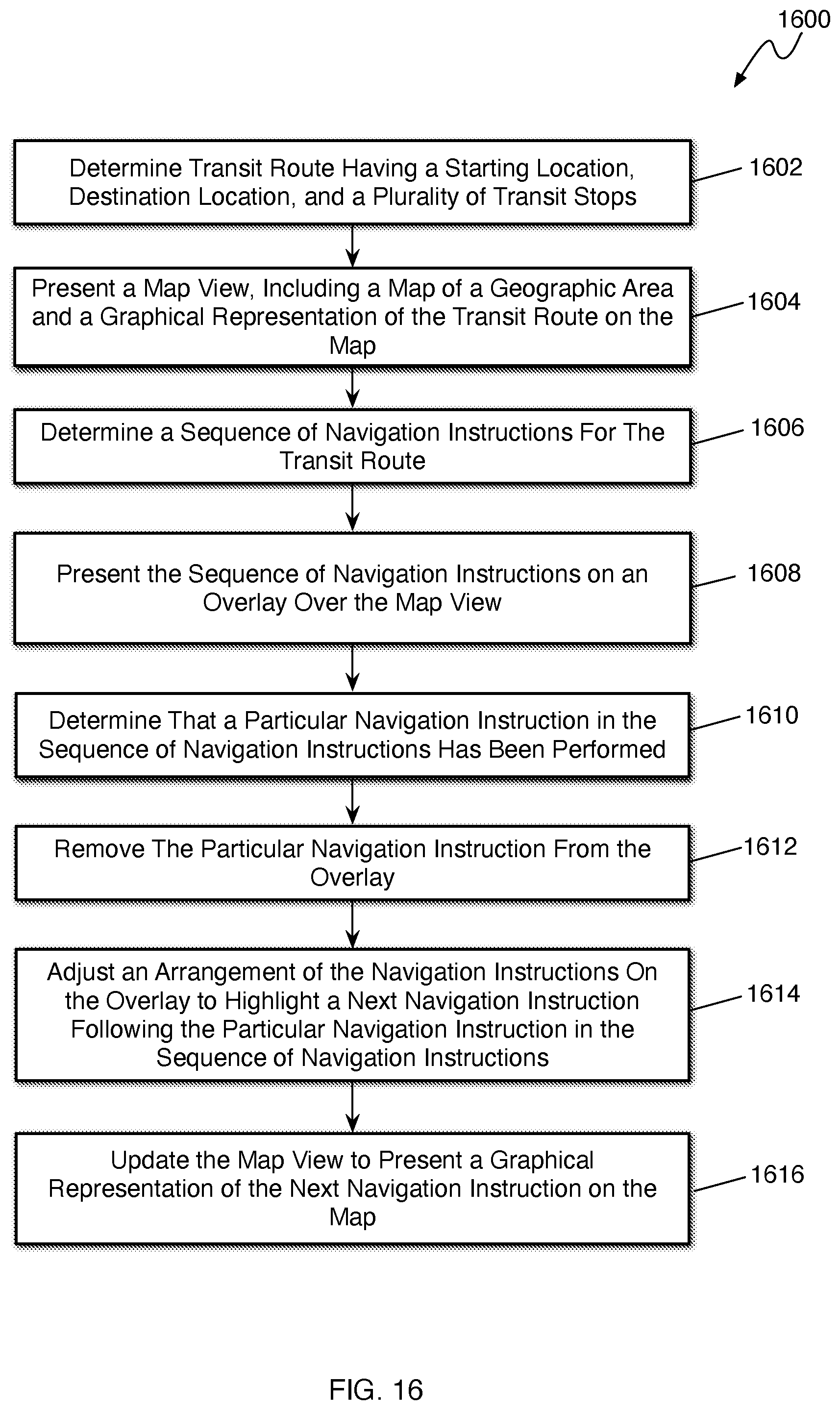 Patent US12480778 Figure 16 – Presenting transit alight notifications