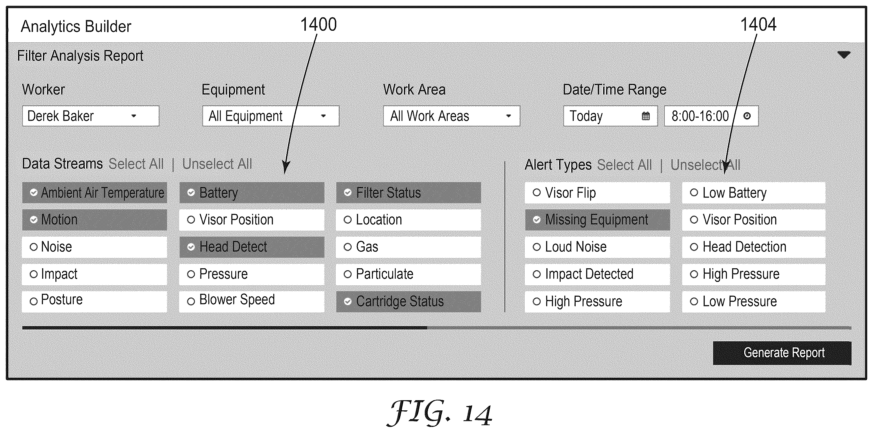 Patent US12488261 Figure 14 – Personal protective equipment system having analytics engine with integrated monitoring, alerting, and predictive safety event avoidance