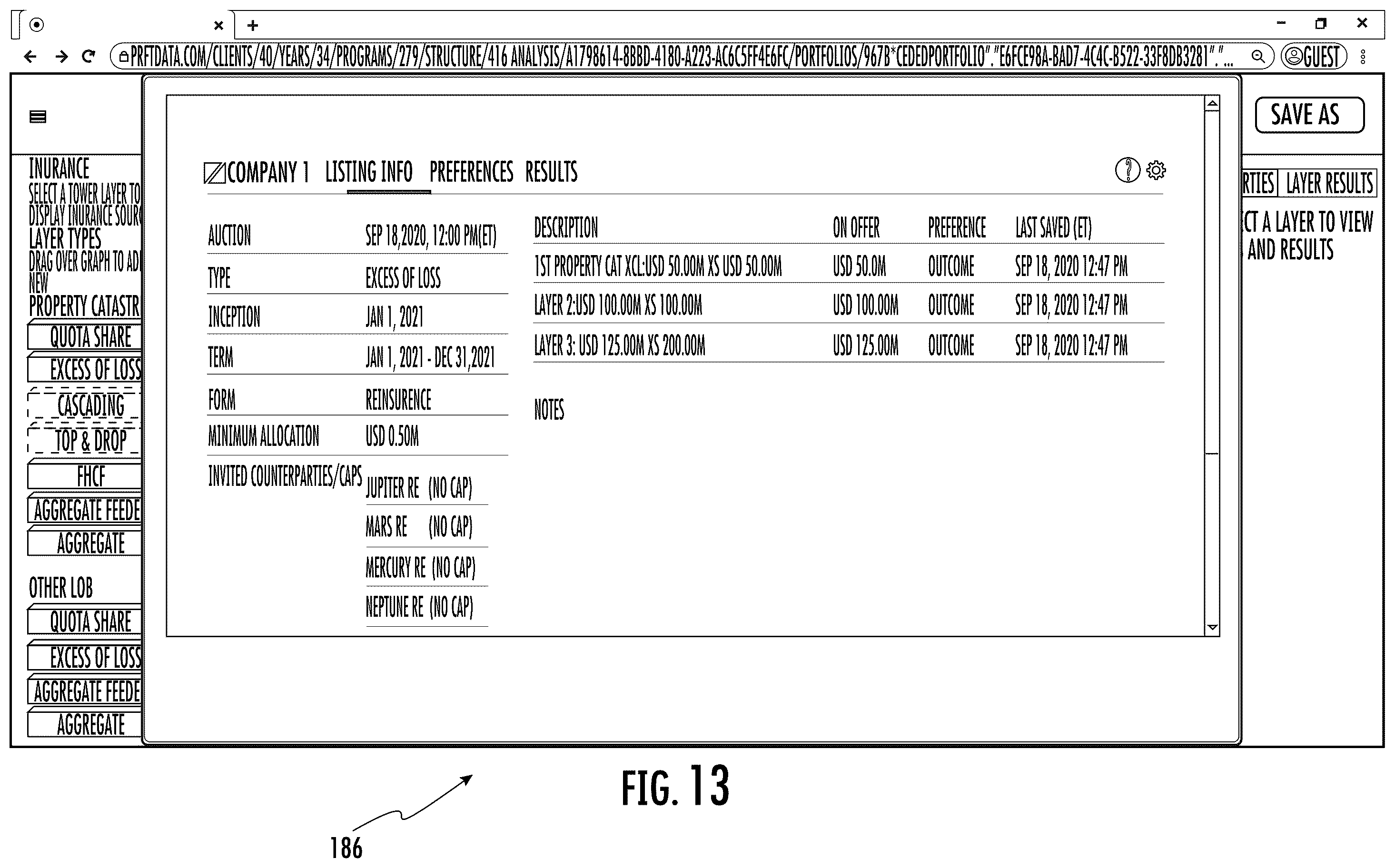 Patent US12488398 Figure 14 – Systems and methods for custom and real-time visualization, comparison and analysis of insurance and reinsurance structures