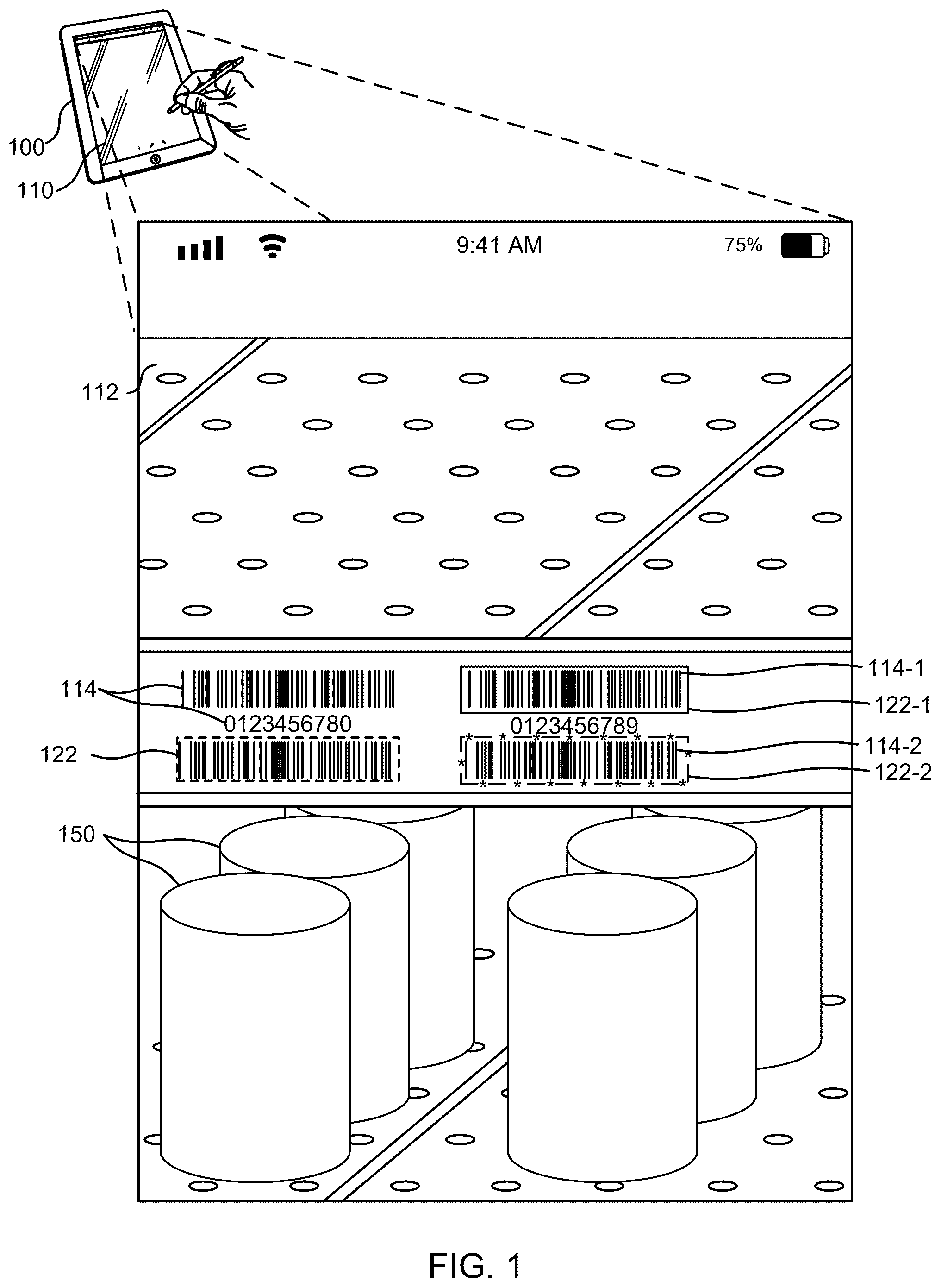 Patent US12488473 Figure 1 – Multi-barcode detection in a real scene using interface enhancement based on user input