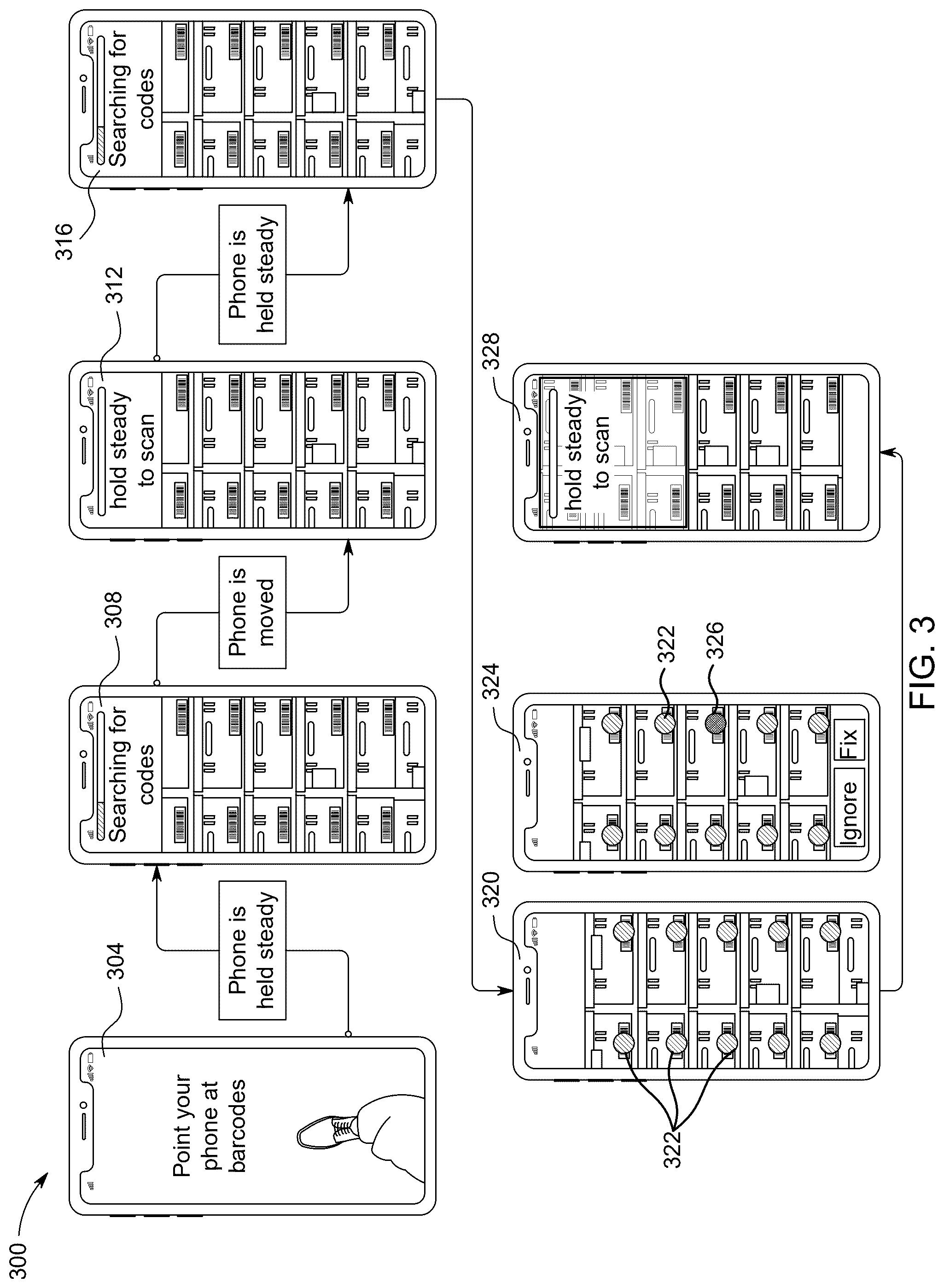 Patent US12488473 Figure 3 – Multi-barcode detection in a real scene using interface enhancement based on user input