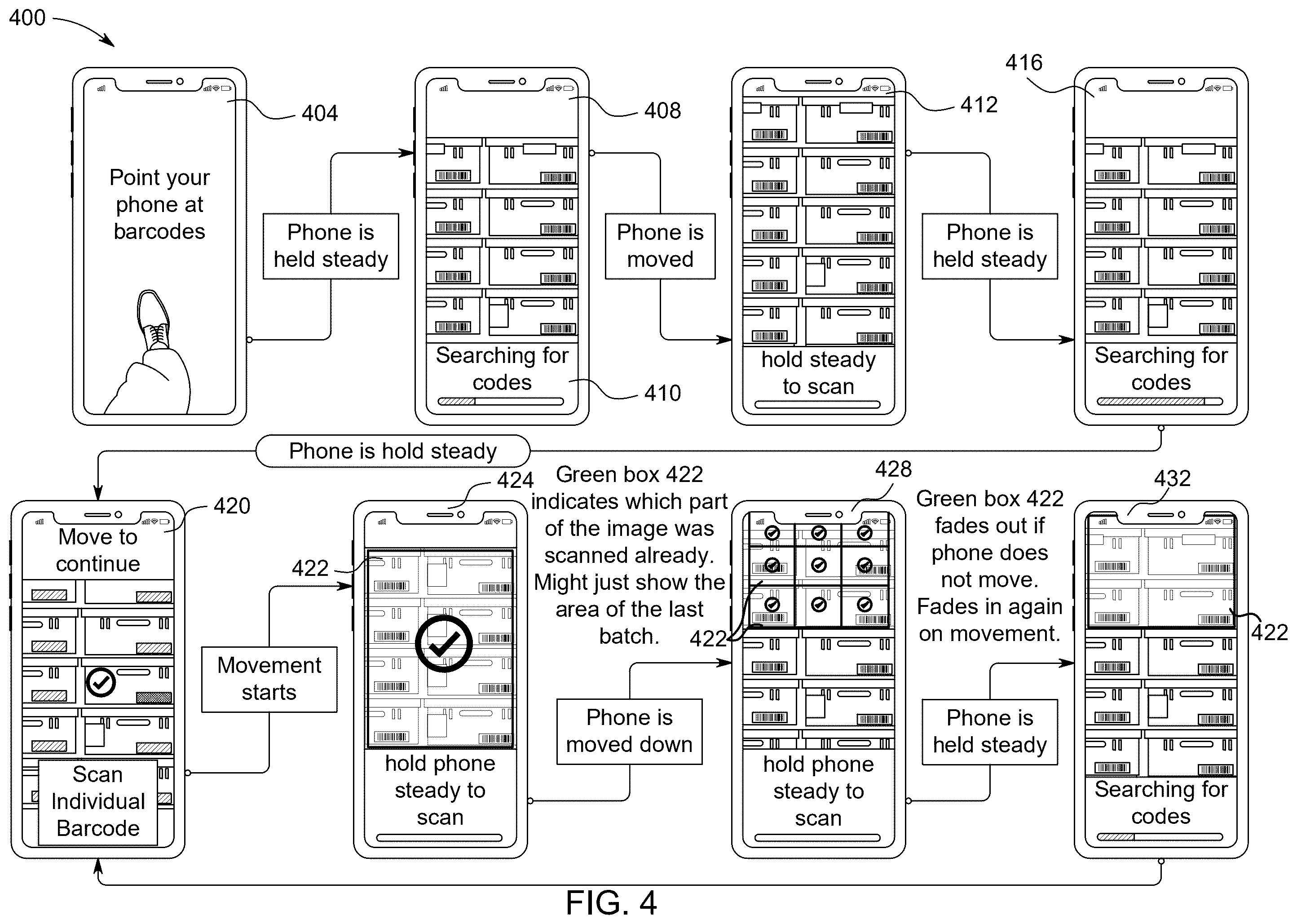 Patent US12488473 Figure 4 – Multi-barcode detection in a real scene using interface enhancement based on user input