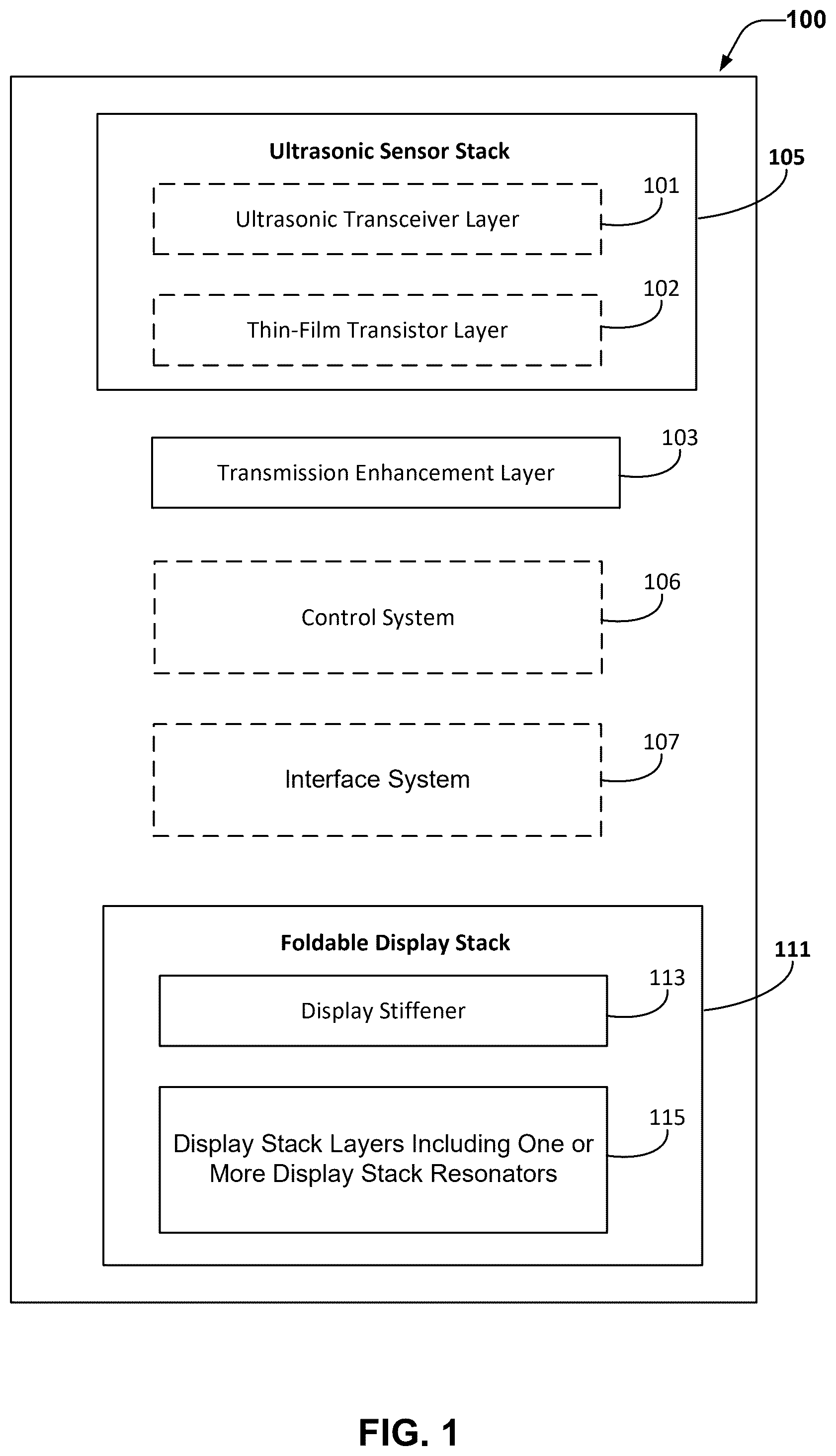 Patent US12488613 — Ultrasonic fingerprint sensor with passive and active common mode cancellation — Figure 1