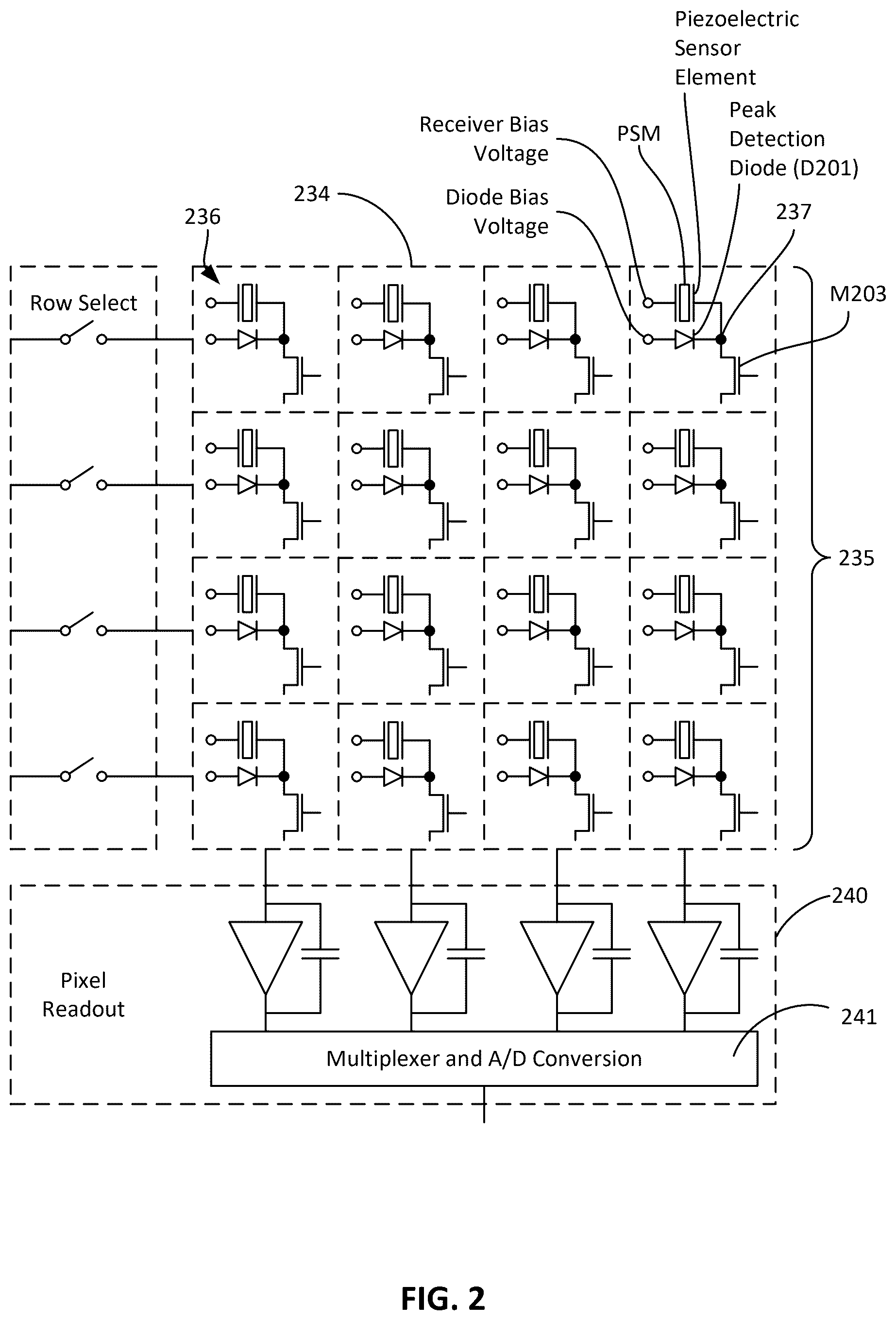 Patent US12488613 Figure 2 – Ultrasonic fingerprint sensor with passive and active common mode cancellation