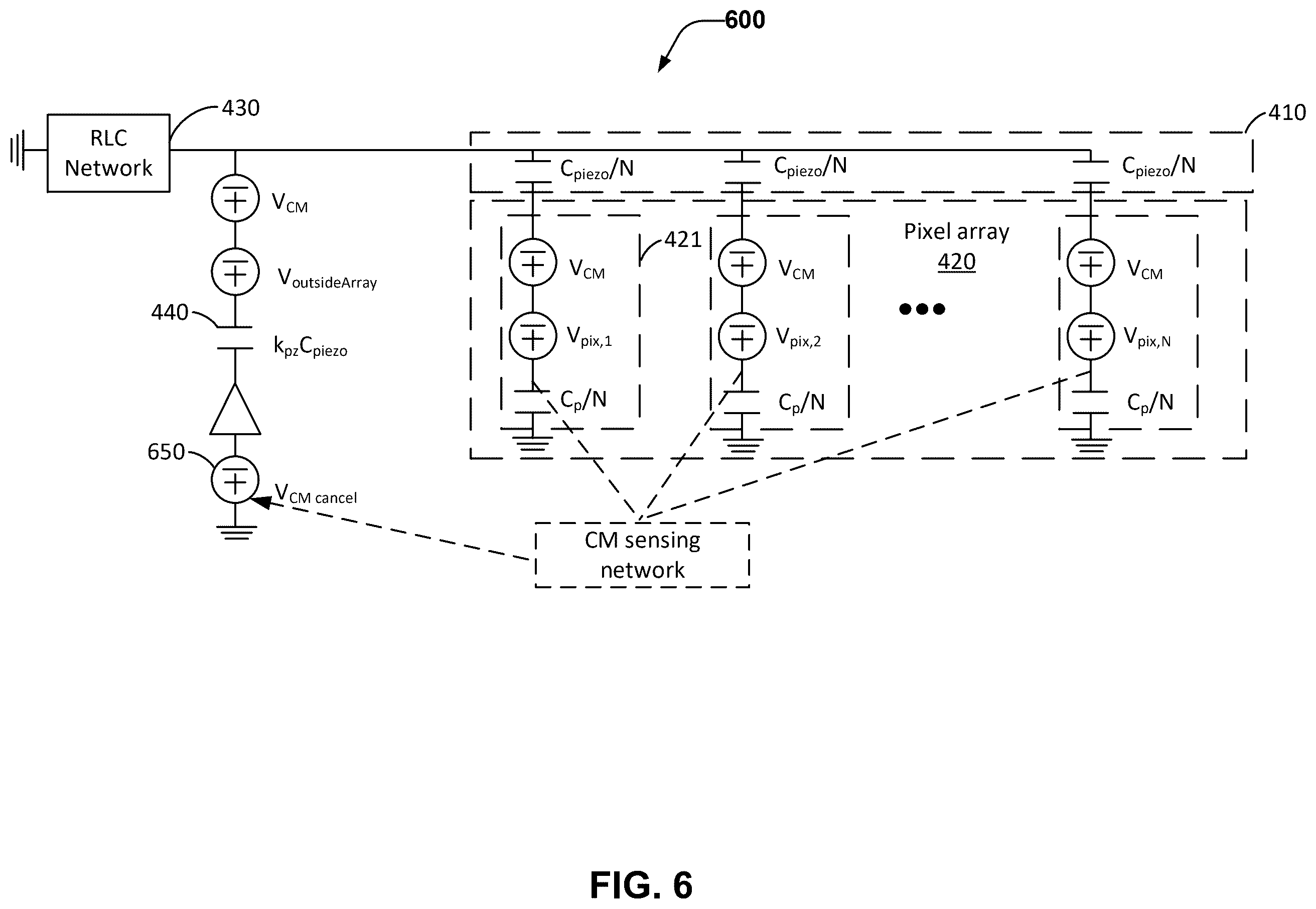 Patent US12488613 Figure 6 – Ultrasonic fingerprint sensor with passive and active common mode cancellation