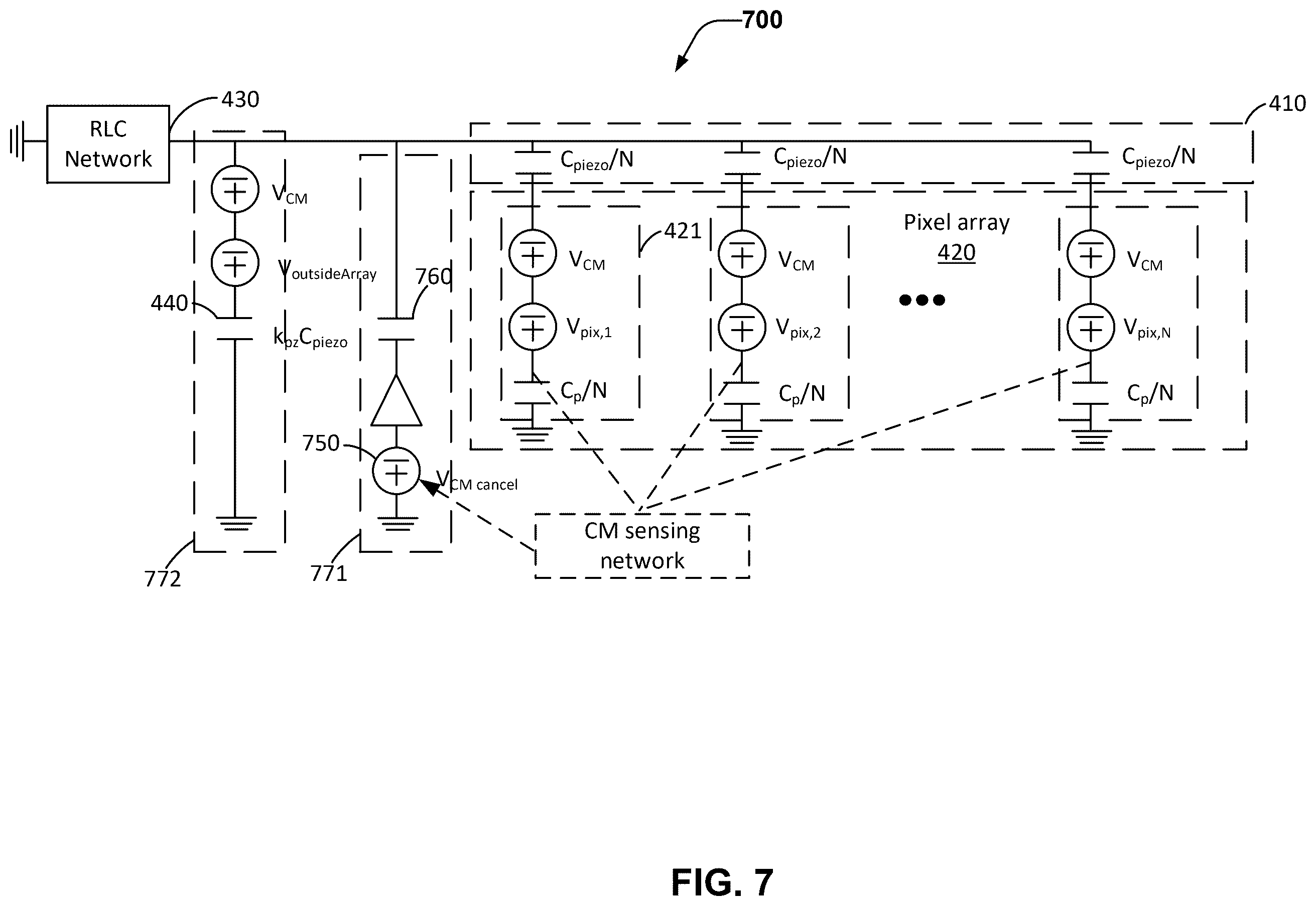 Patent US12488613 Figure 7 – Ultrasonic fingerprint sensor with passive and active common mode cancellation