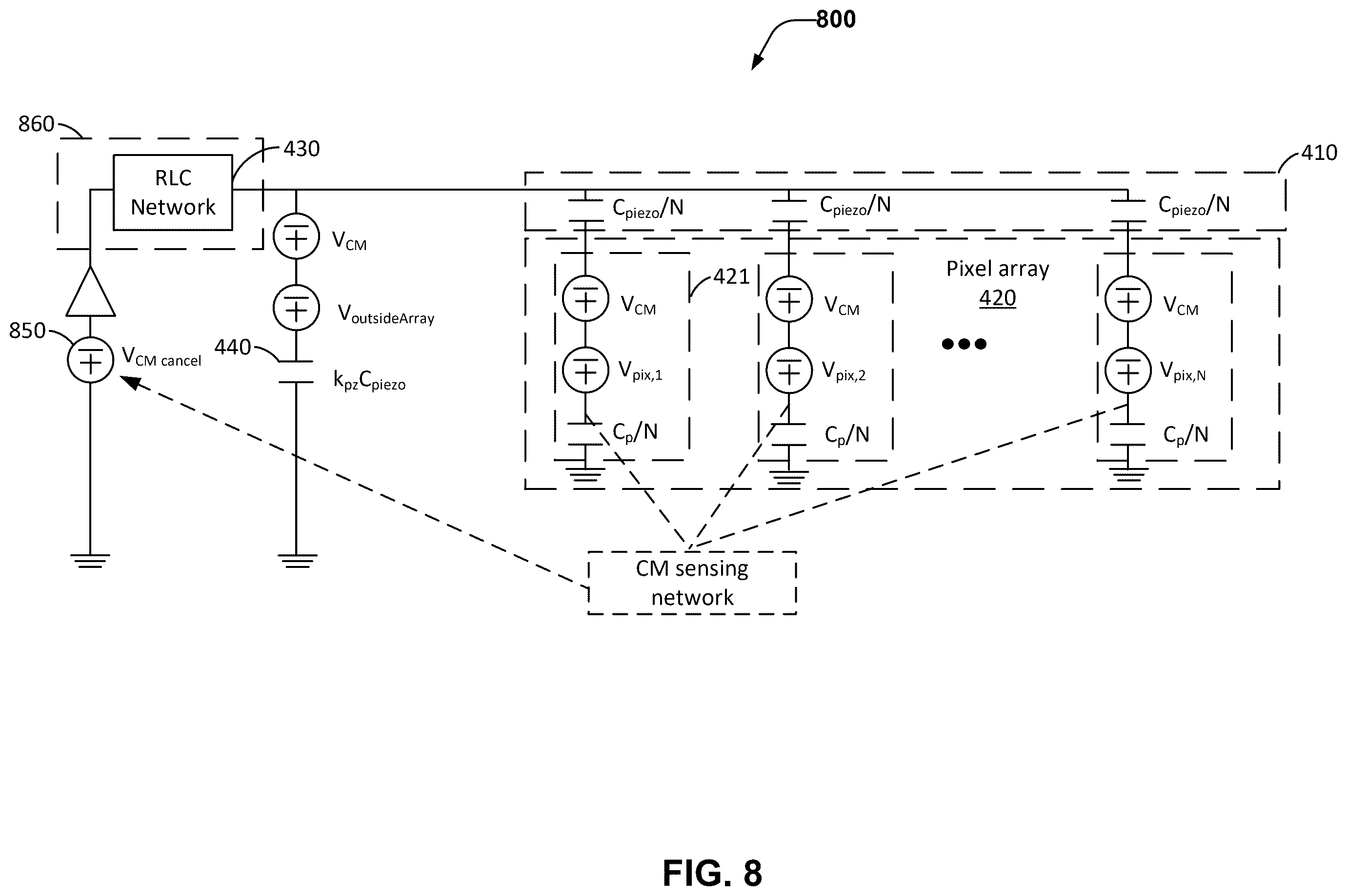 Patent US12488613 Figure 8 – Ultrasonic fingerprint sensor with passive and active common mode cancellation