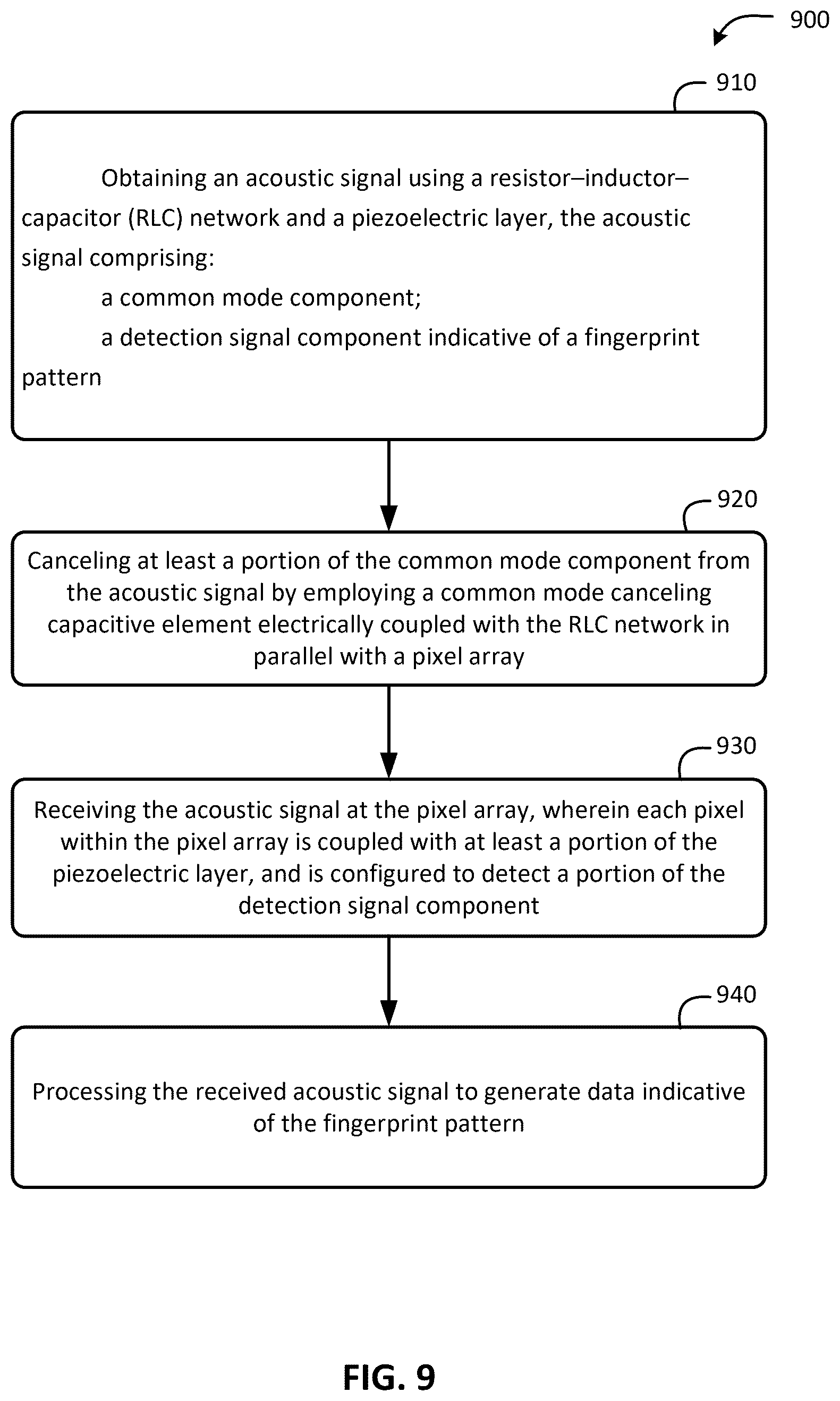 Patent US12488613 Figure 9 – Ultrasonic fingerprint sensor with passive and active common mode cancellation