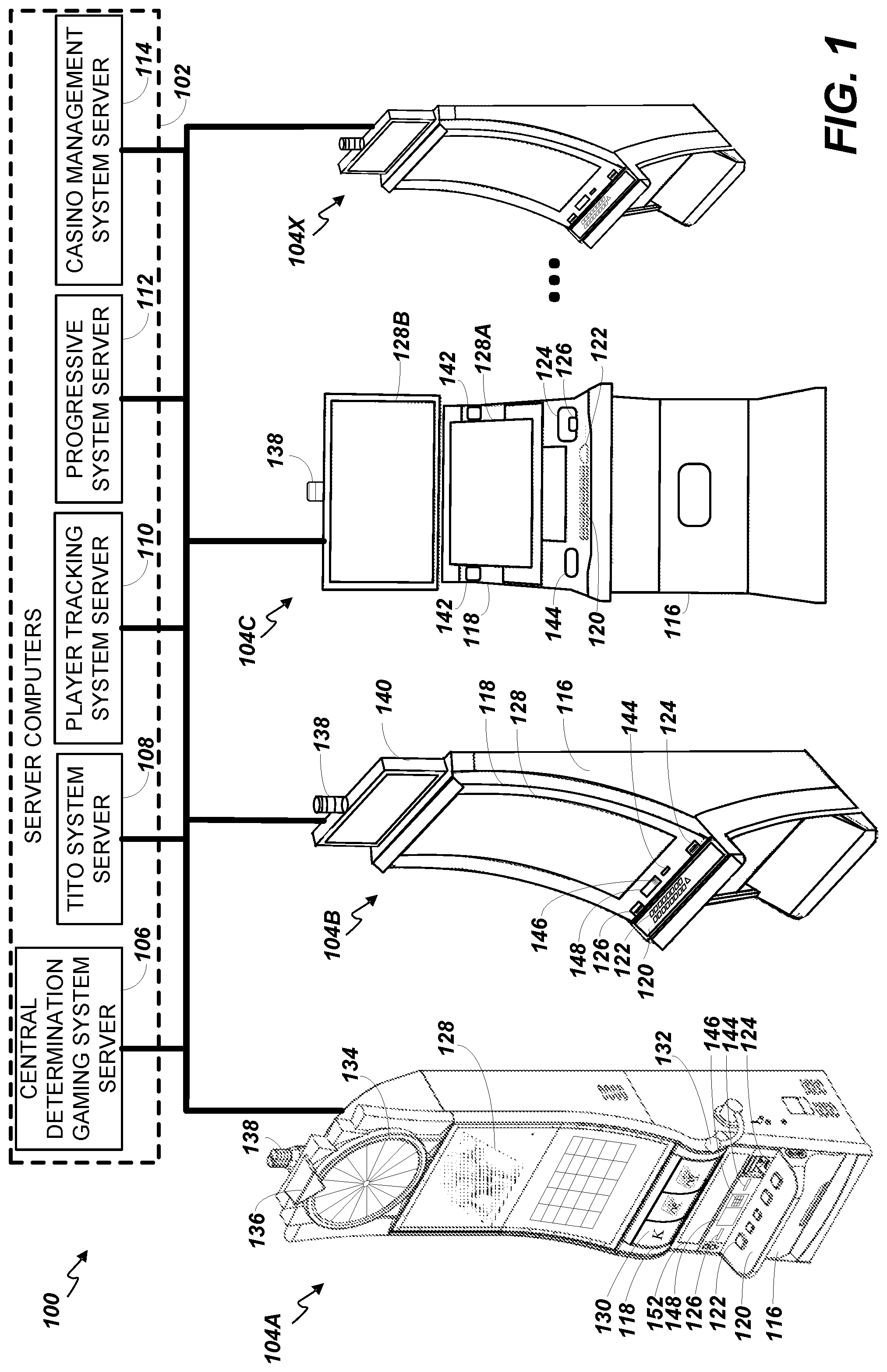 Patent US12488652 Figure 1 – Integrated stand for supporting electronic gaming machine and housing electronic gaming components thereof