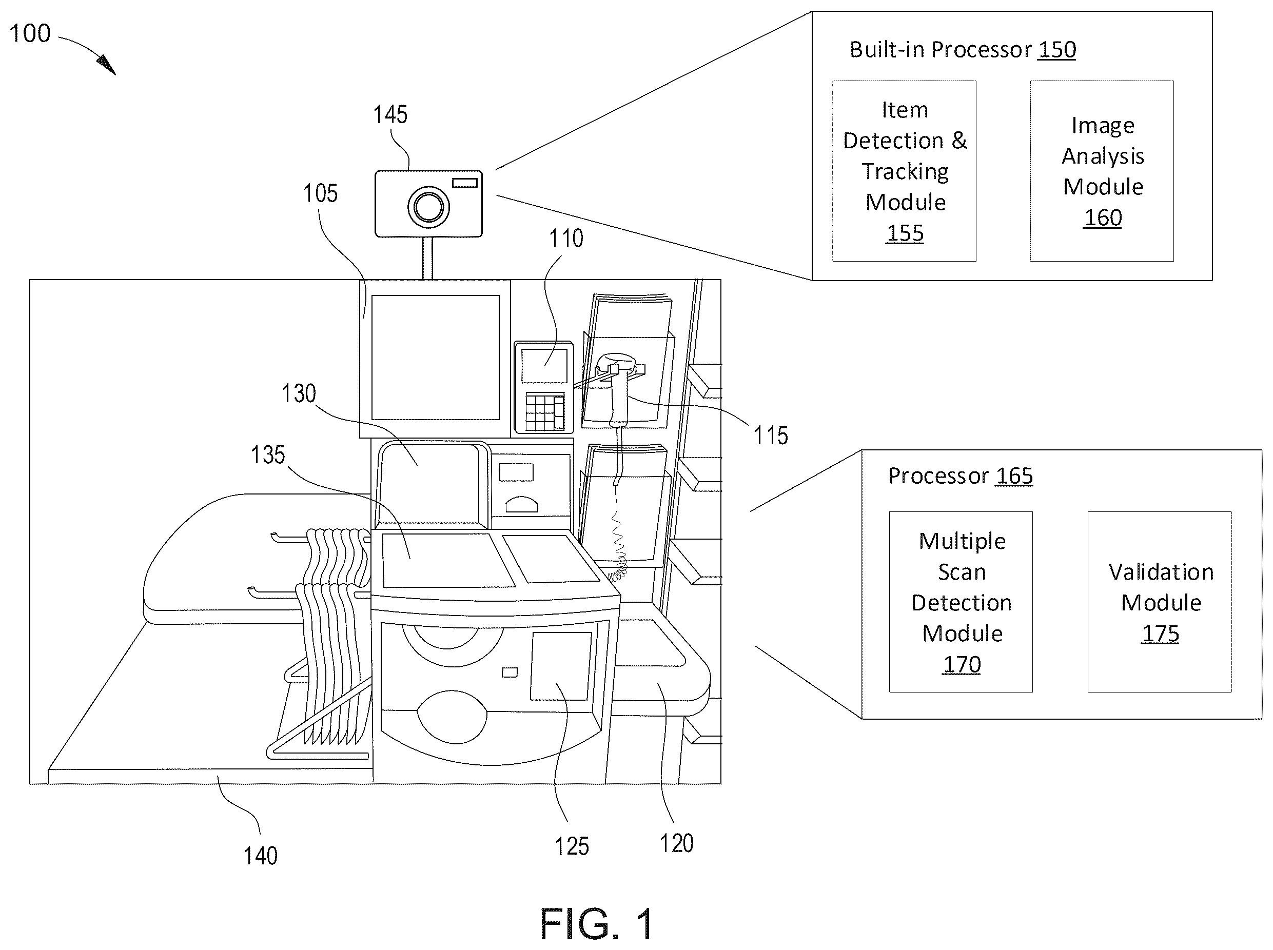 Patent US12488662 Figure 1 – Item detection and cart validation system