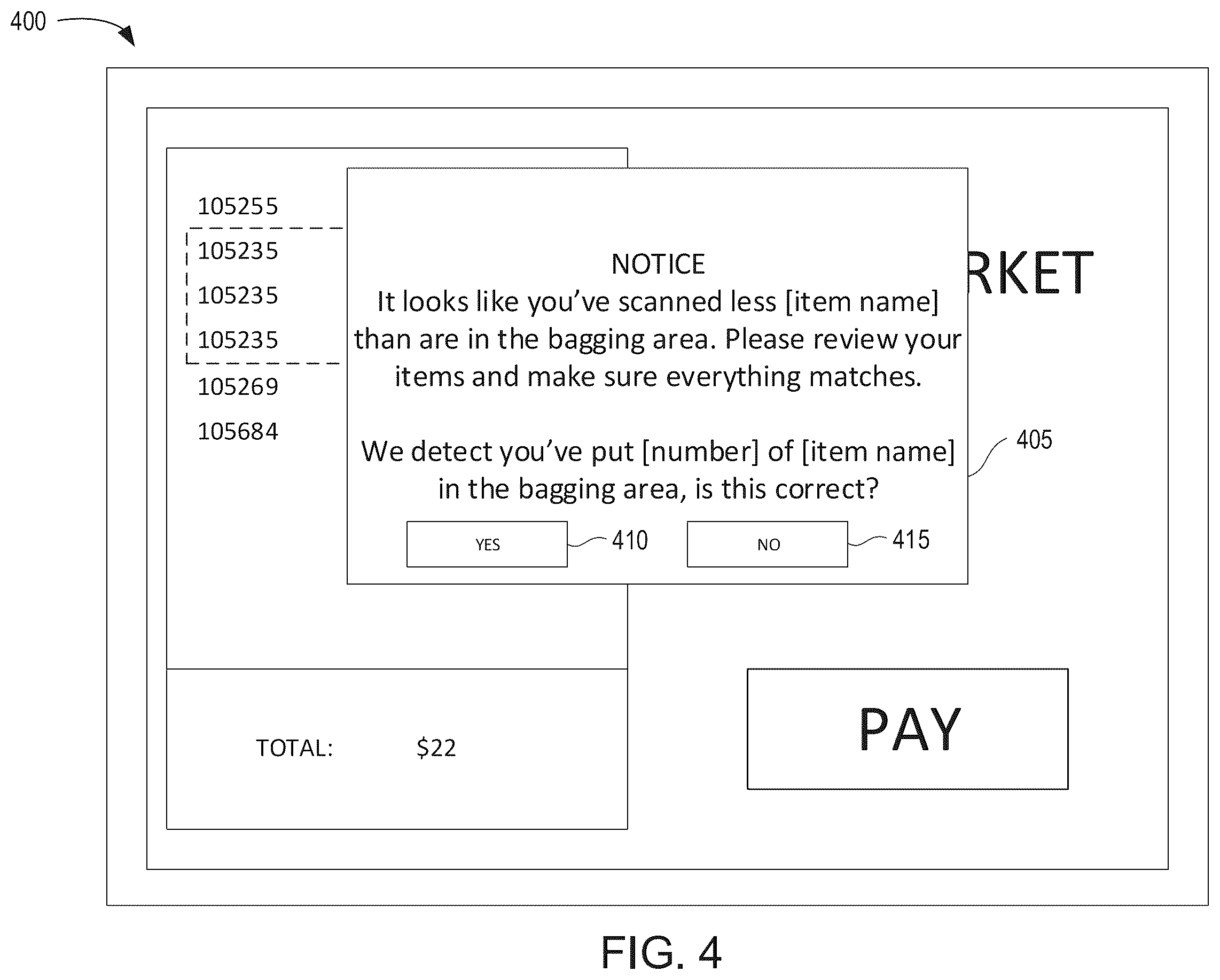 Patent US12488662 Figure 4 – Item detection and cart validation system