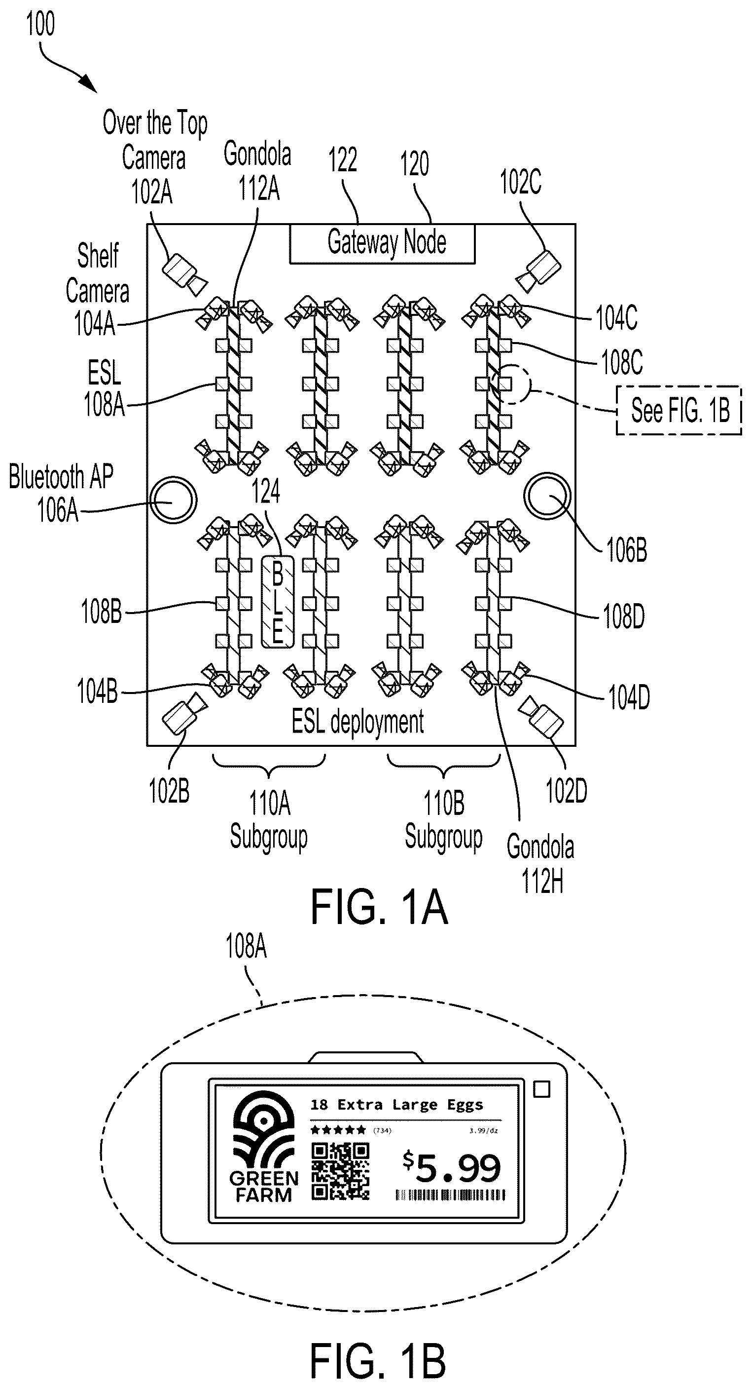 Patent US12488670 Figure 1 – Electronic shelf label (ESL) position based notifications