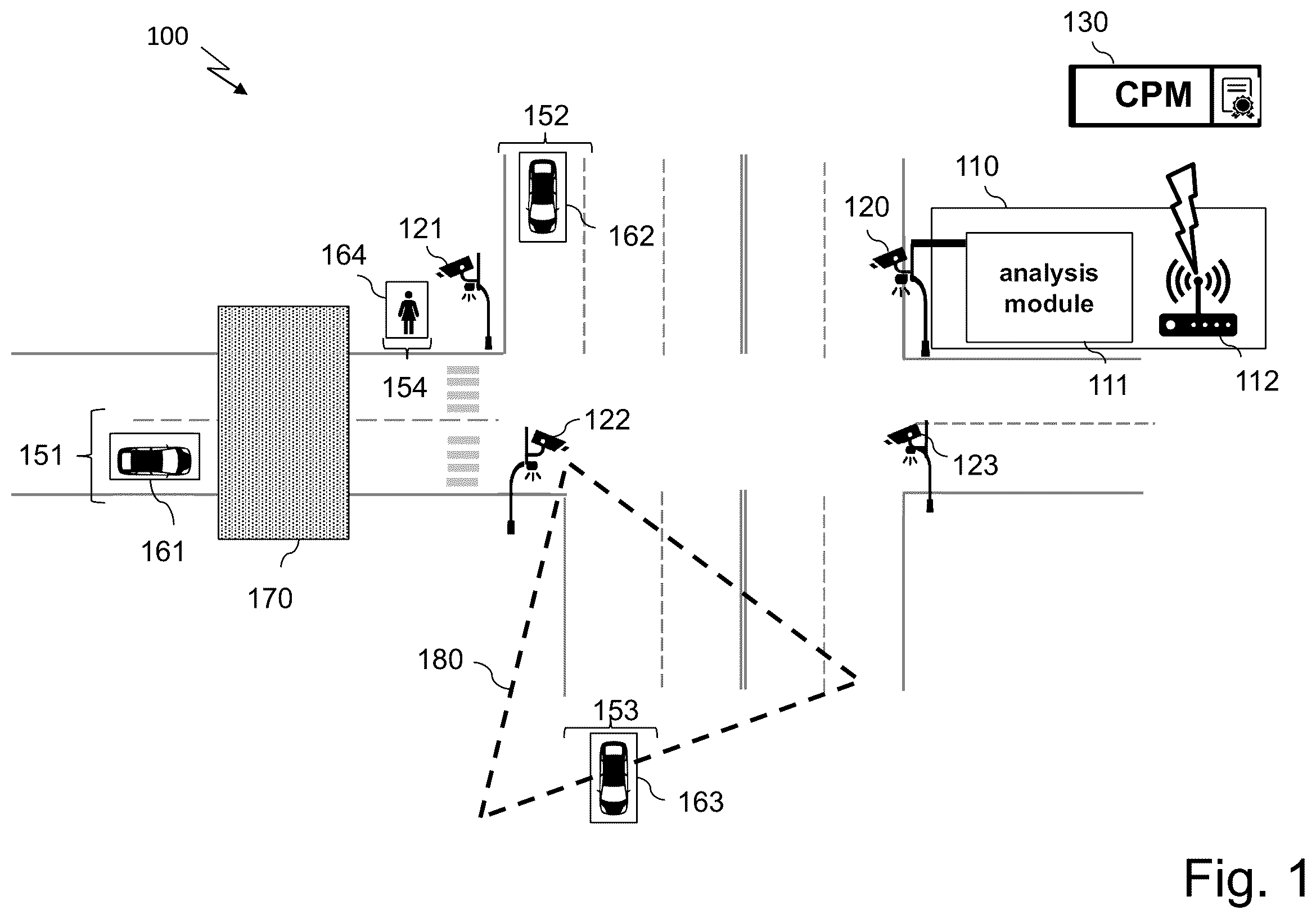 Patent US12488680 Figure 1 – Communication within an intelligent transport system for signaling hidden objects
