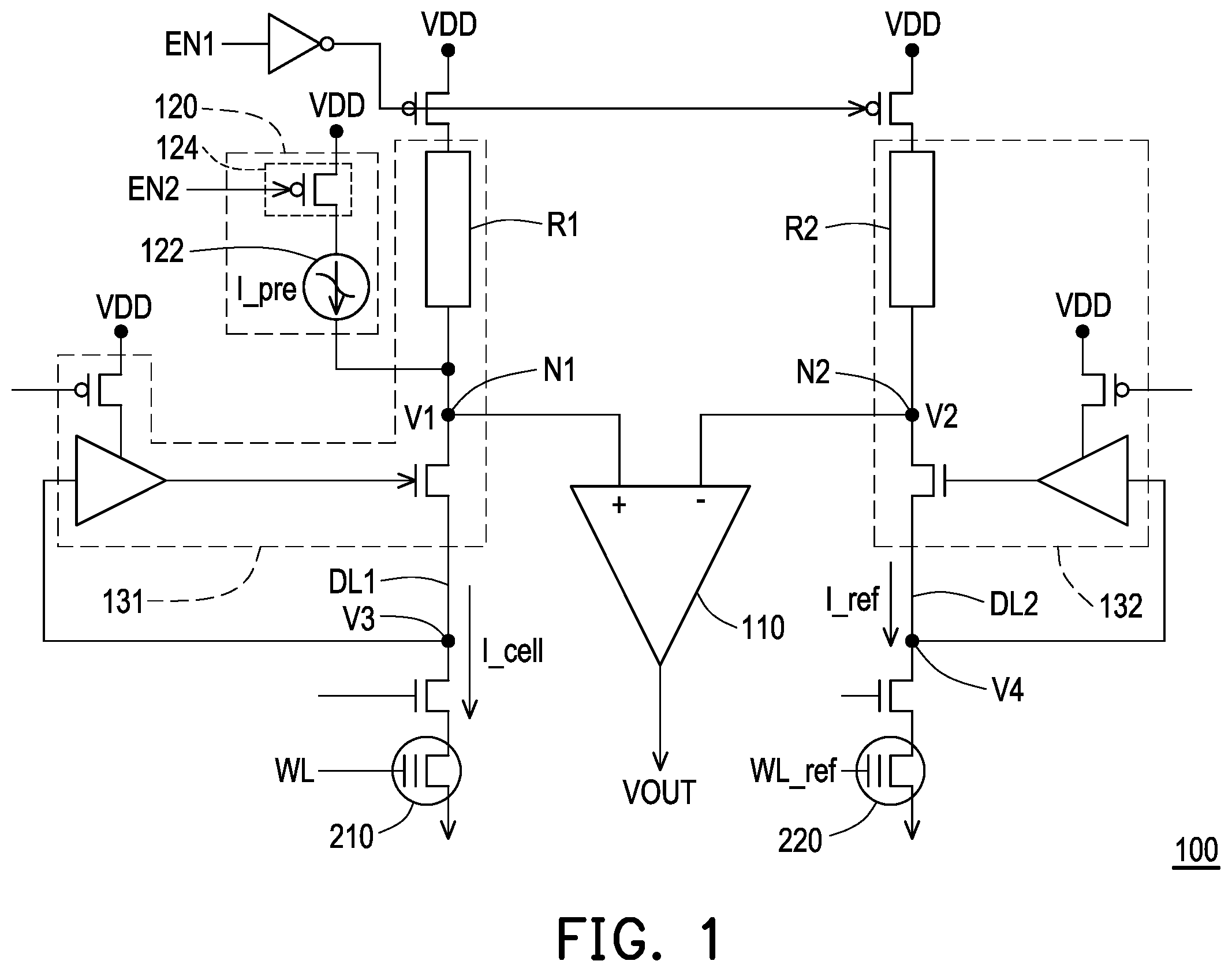 Patent US12488841 Figure 1 – Current sensing circuit using proportional current mirrors