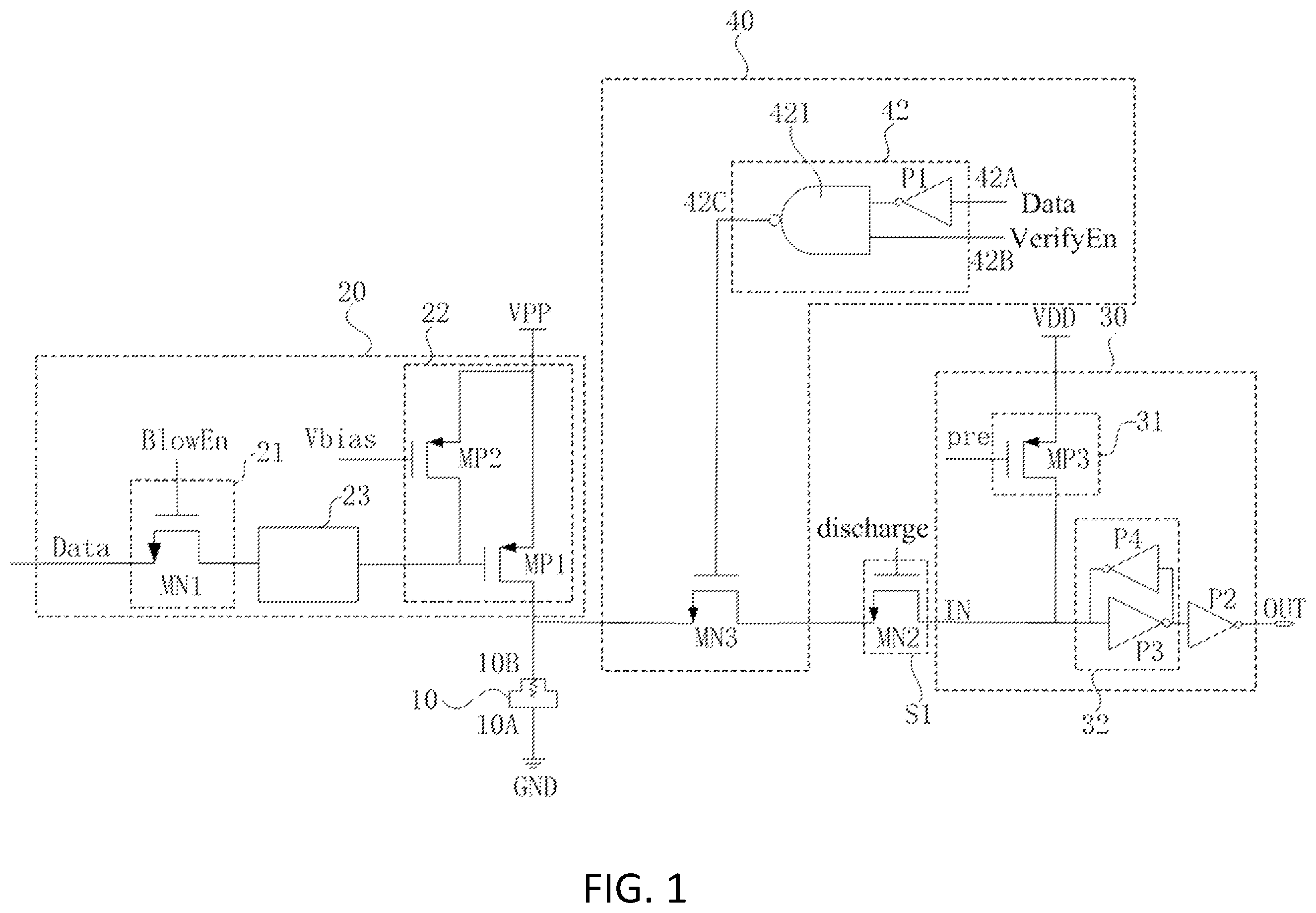Patent US12488849 Figure 1 – Anti-fuse circuit and anti-fuse unit programming state verification method