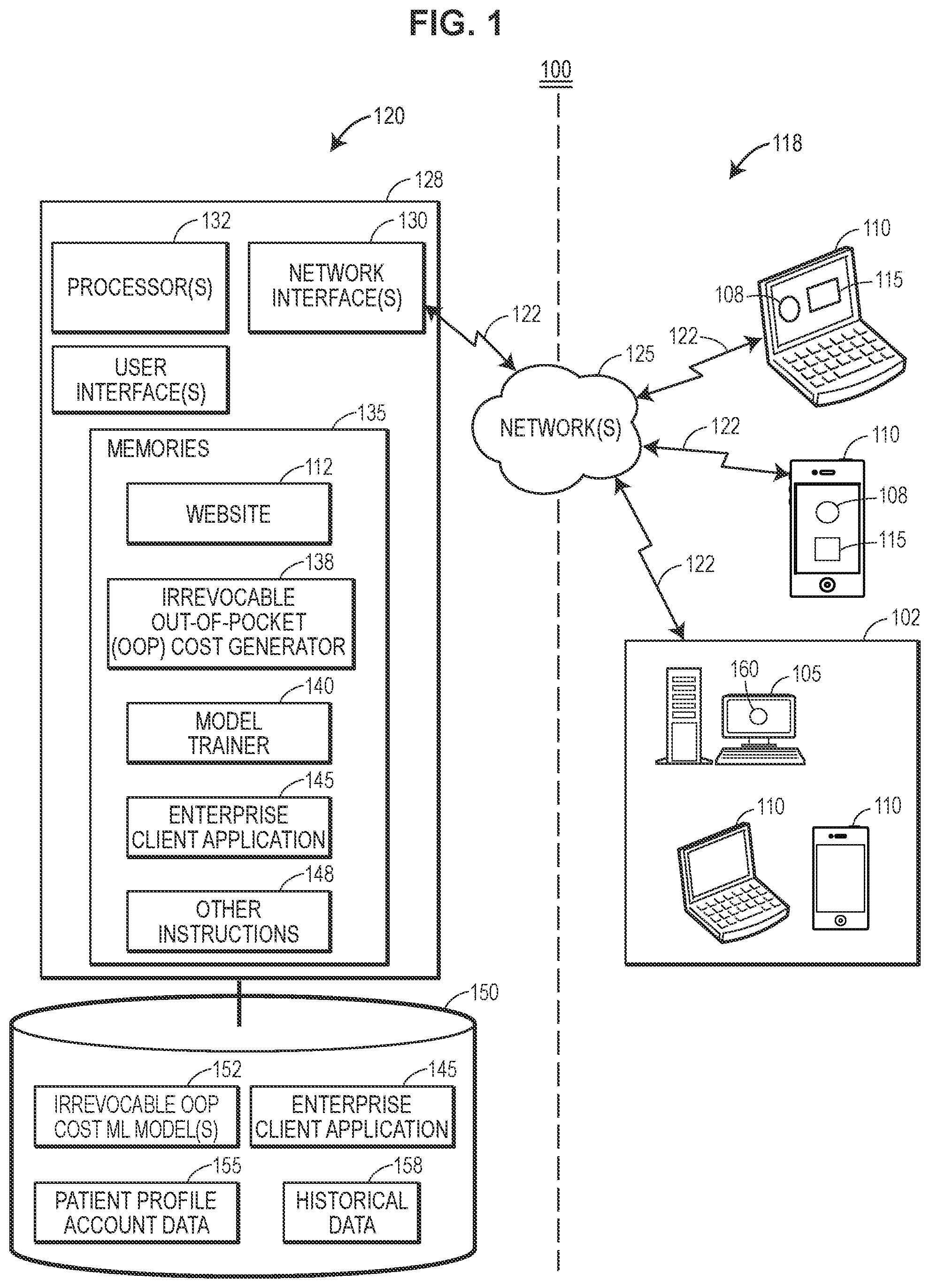 Patent US12488869 Figure 1 – Machine learning system for irrevocable patient out-of-pocket costs for prescriptions