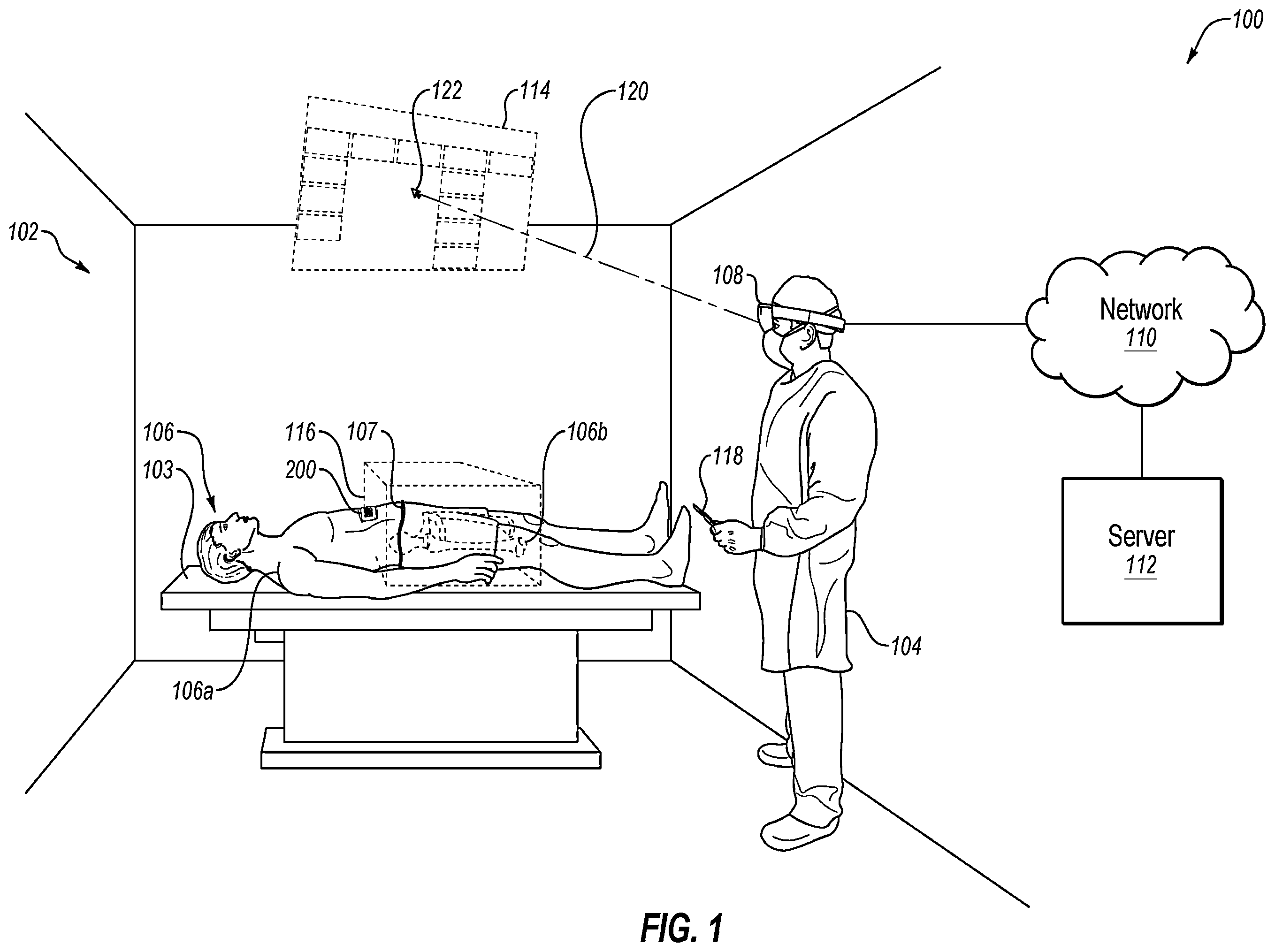 Patent US12488878 Figure 1 – Aligning image data of a patient with actual views of the patient using an optical code affixed to the patient